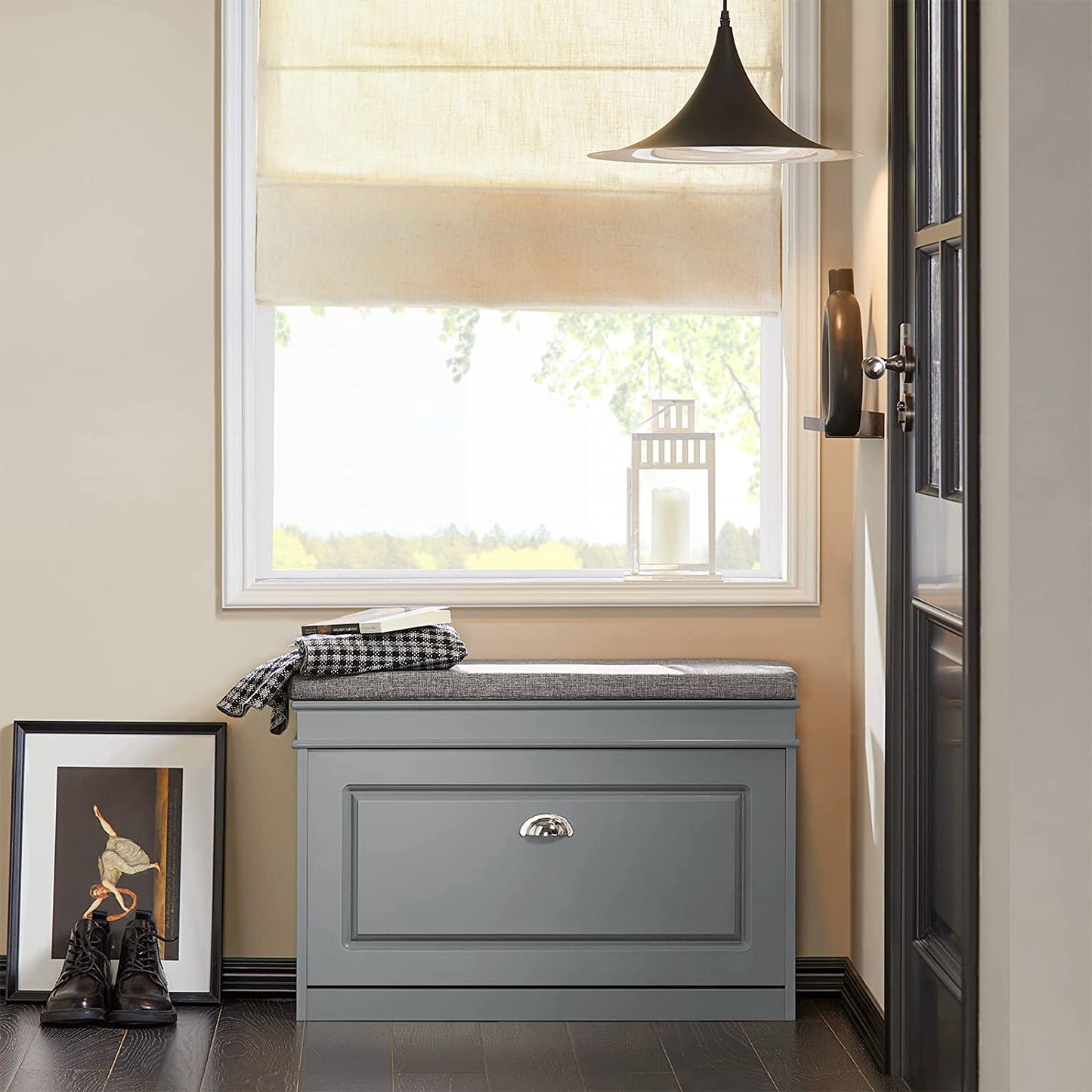 Meuble à chaussures SoBuy avec banc d'entrée, étagère à chaussures avec tiroir rabattable et coussin d'assise, gris FSR82-L-HG
