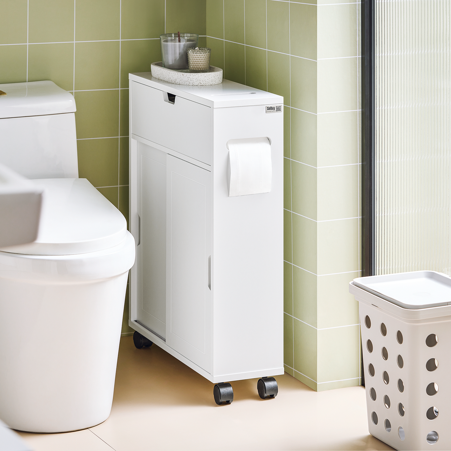 Meuble de salle de bain SoBuy avec étagère de rangement sur roulettes et armoire à papier toilette BZR31-W