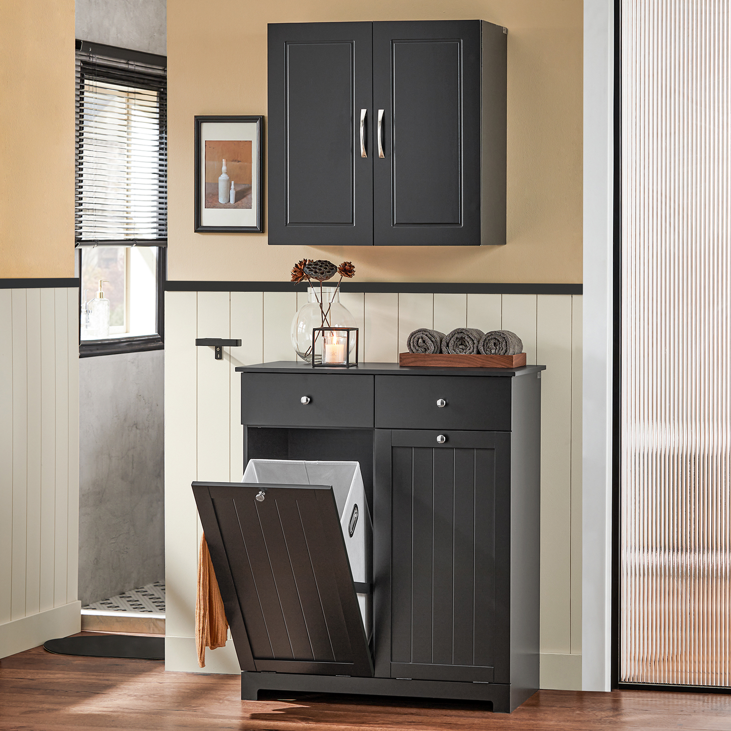 Armoire à linge SoBuy à 2 tiroirs et 2 portes avec paniers à linge BZR33-SCH