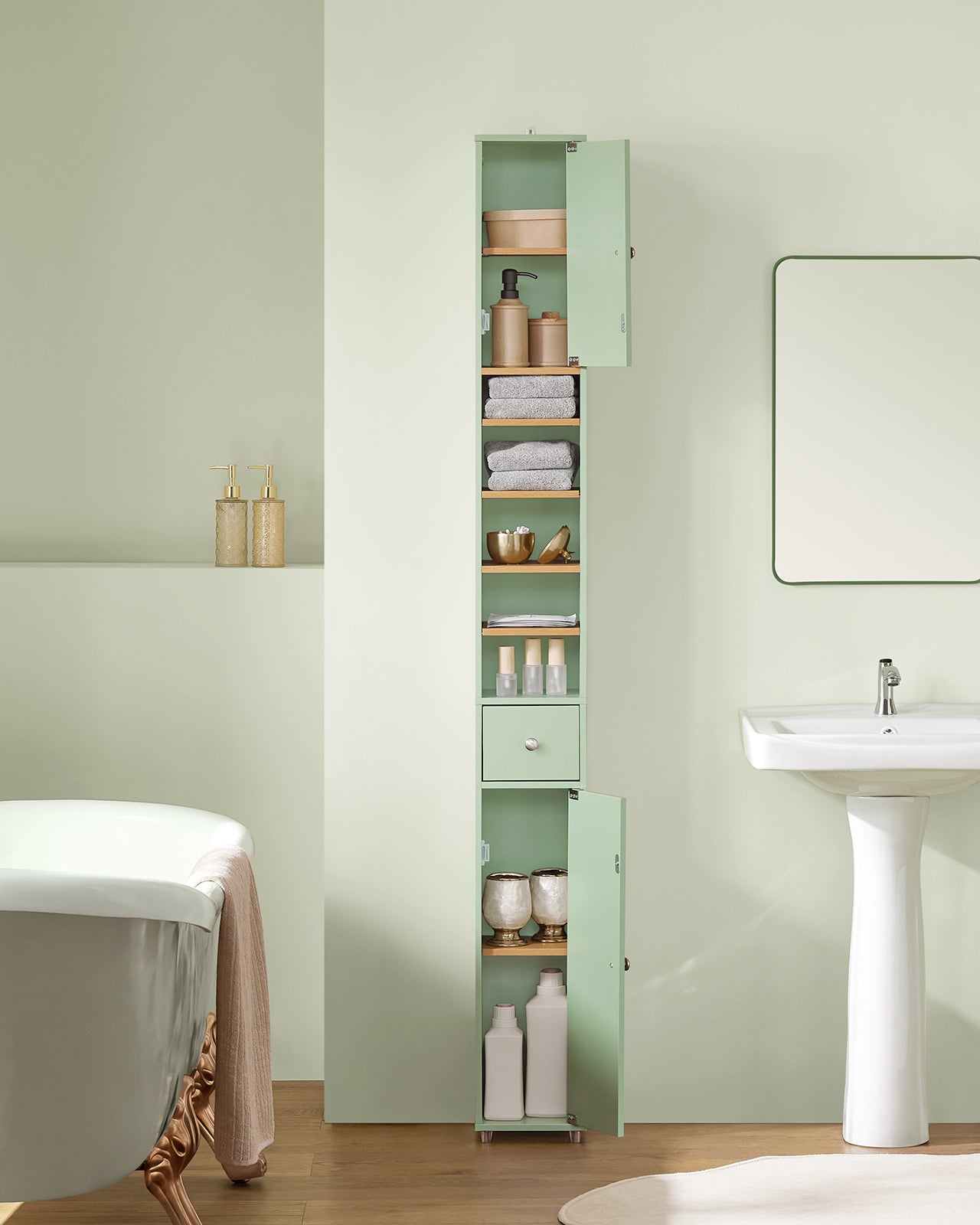 Armoire de salle de bain haute SoBuy avec 1 tiroir, 2 portes et étagères réglables - Meuble de rangement au sol BZR34-GR