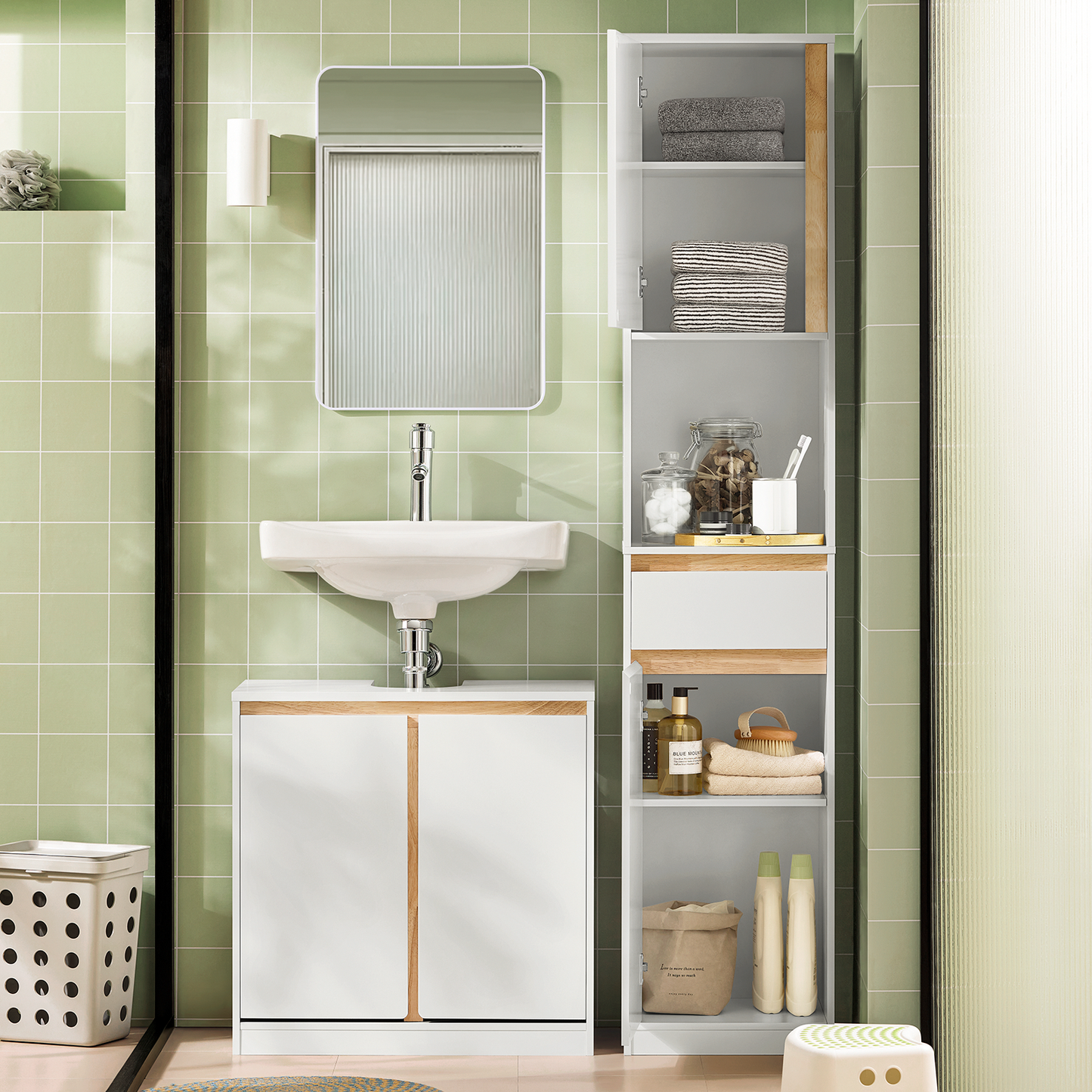 Armoire de salle de bain haute SoBuy, meuble de rangement pour salle de bain BZR80-W