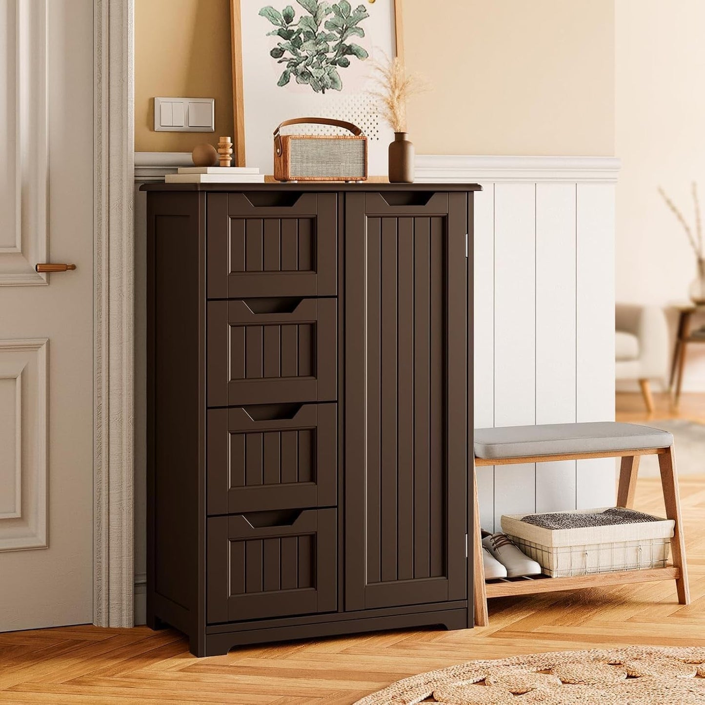 Bathroom Floor Storage Cabinet, Free-Standing Floor Storage Cabinet with 4 Draws and Adjustable Shelf