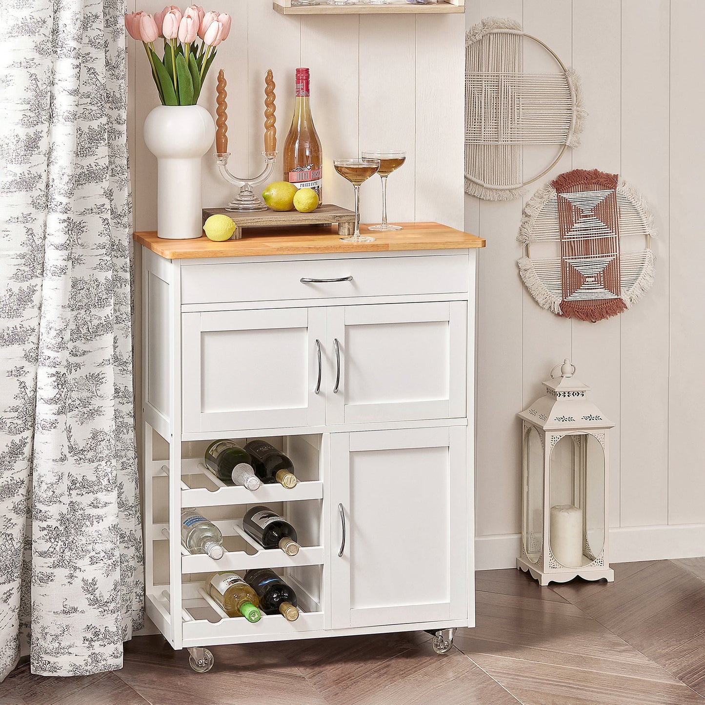 SoBuy FKW45-WN, Chariot de service de rangement de cuisine avec plan de travail en bois d'hévéa, Armoire de rangement de cuisine