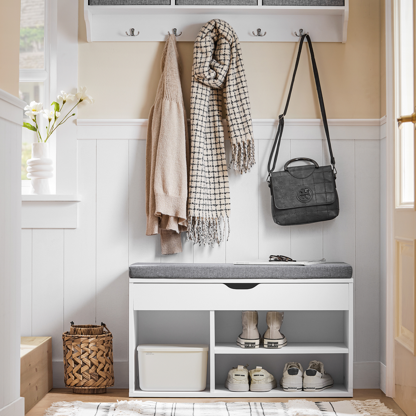 SoBuy FSR45-HG, meuble de rangement pour chaussures, banc à chaussures avec plateau relevable et coussin gris