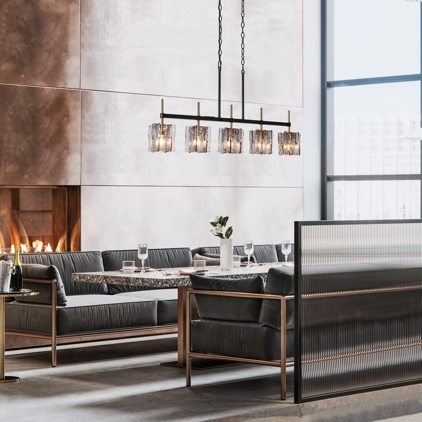 Kasy Modern 5-Light Linear Chandelier Textured Glass Kitchen Island Light Unique Design