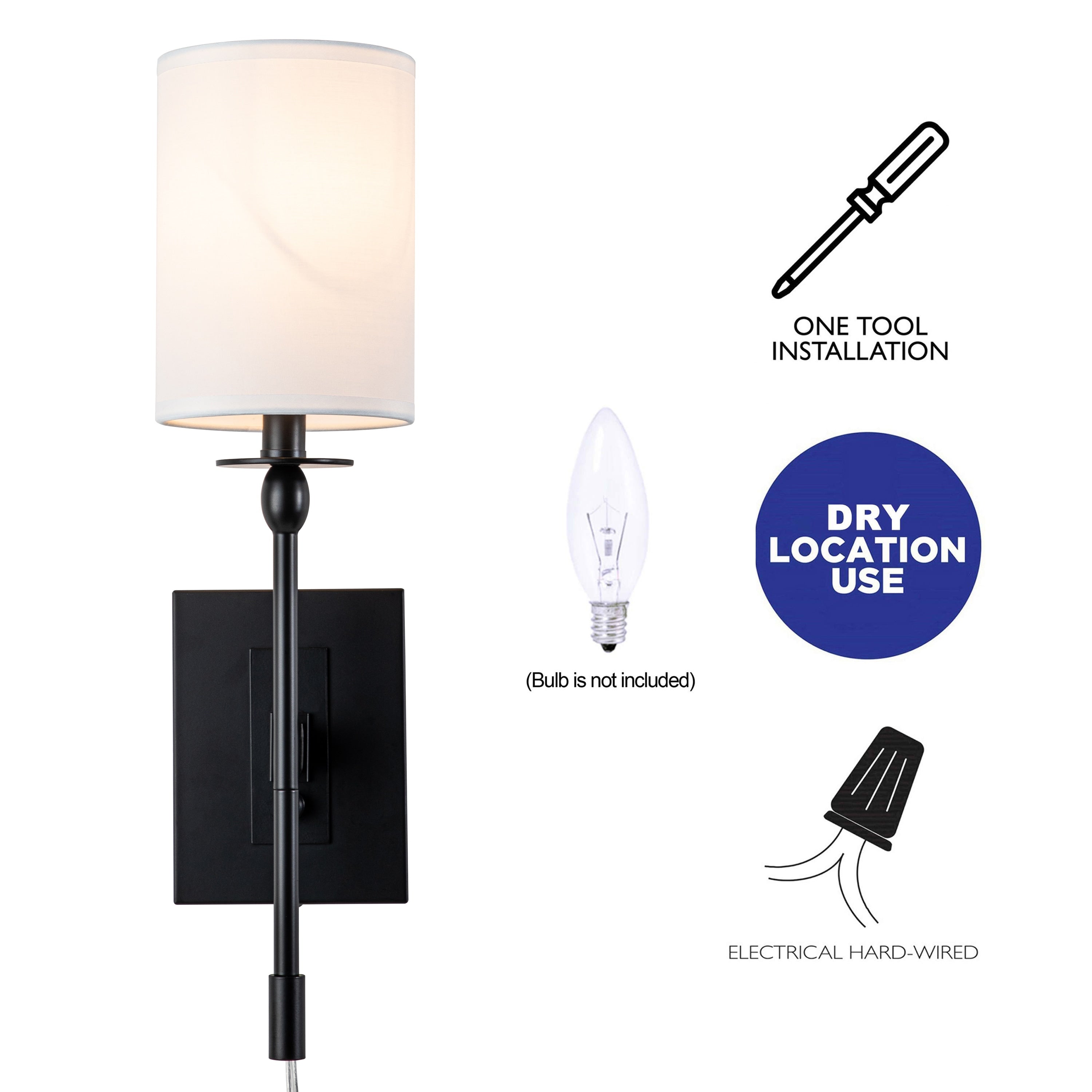 1-Light Matte Black Hardwired/Plug-in Dimmable Indoor Wall Sconce with Fabric Shade