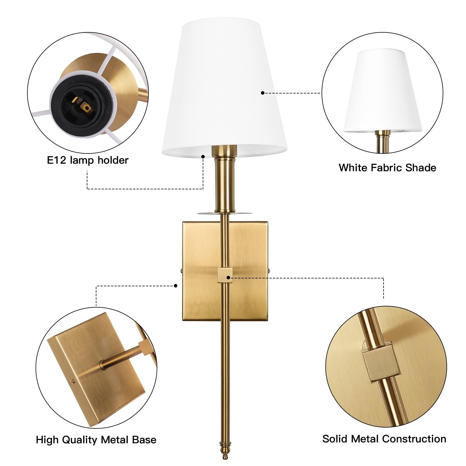 1-Light Wall Sconce with White Fabric Shade