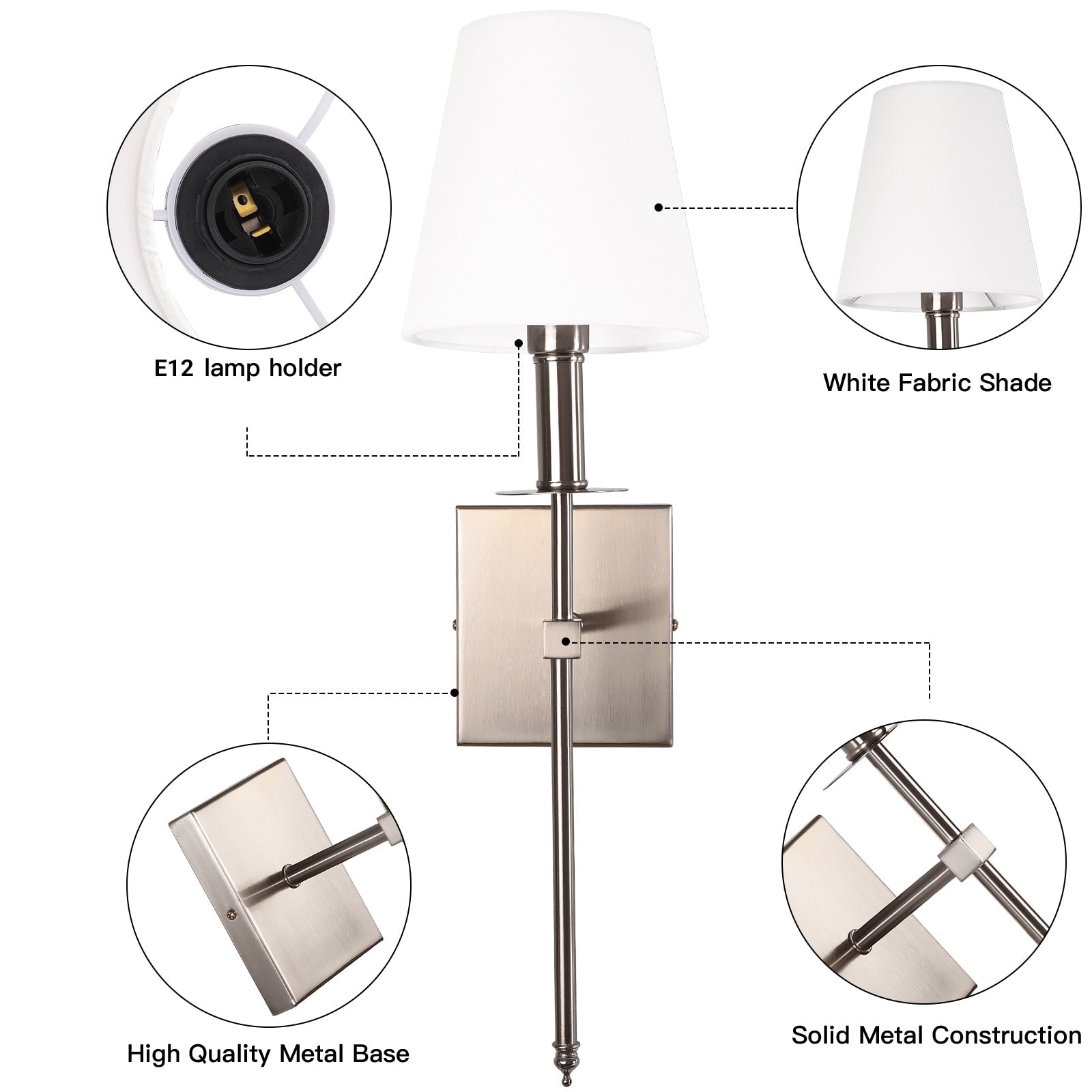 1-Light Wall Sconce with White Fabric Shade