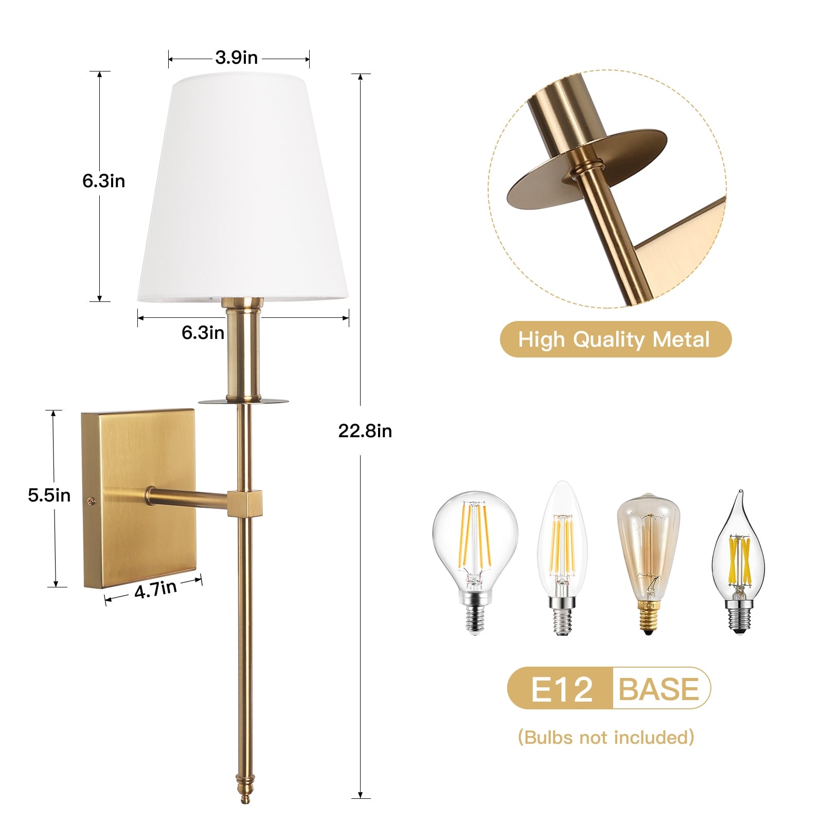 1-Light Wall Sconce with White Fabric Shade