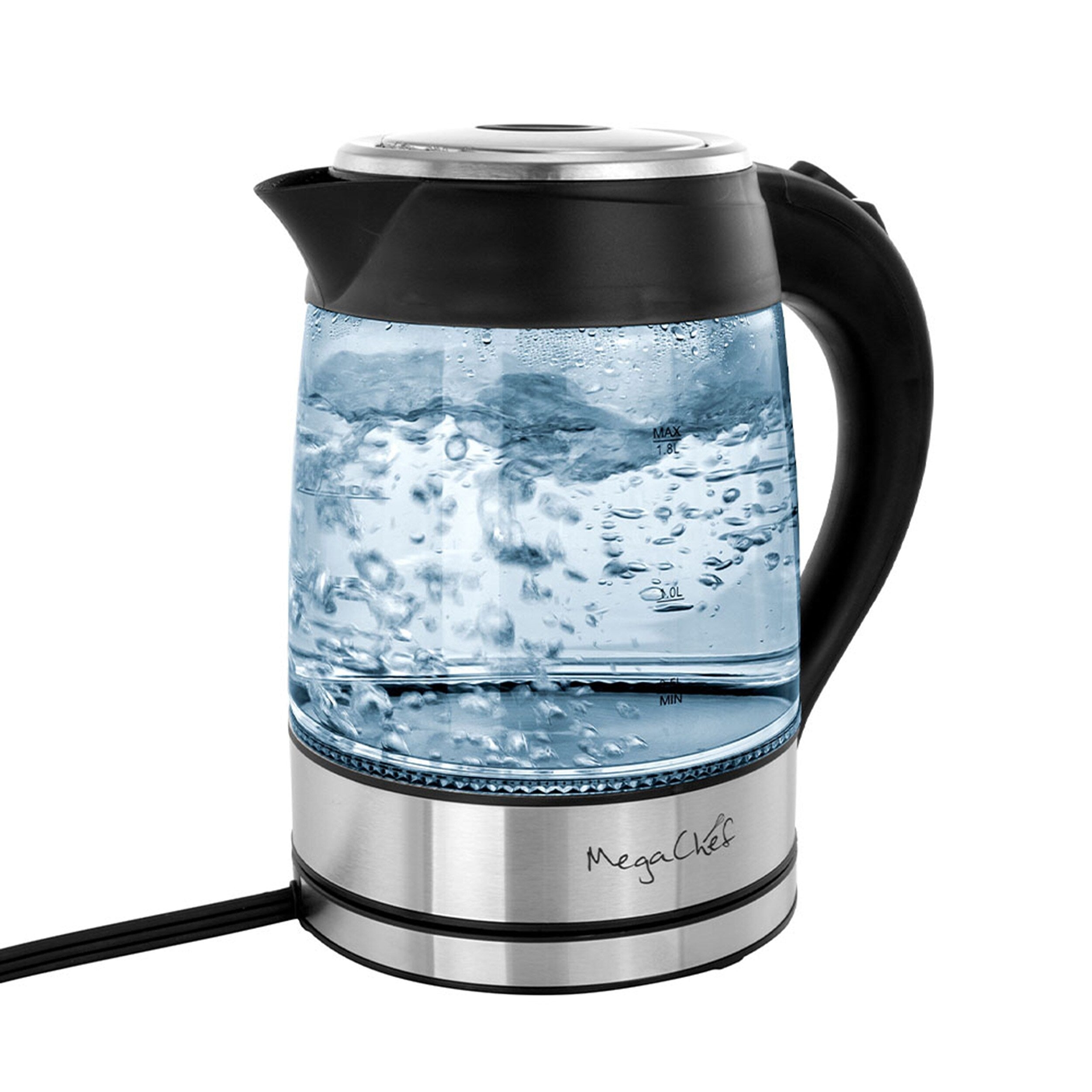 1.8L Rapid Boil Cordless Serving Electric Glass Tea Kettle in Silver