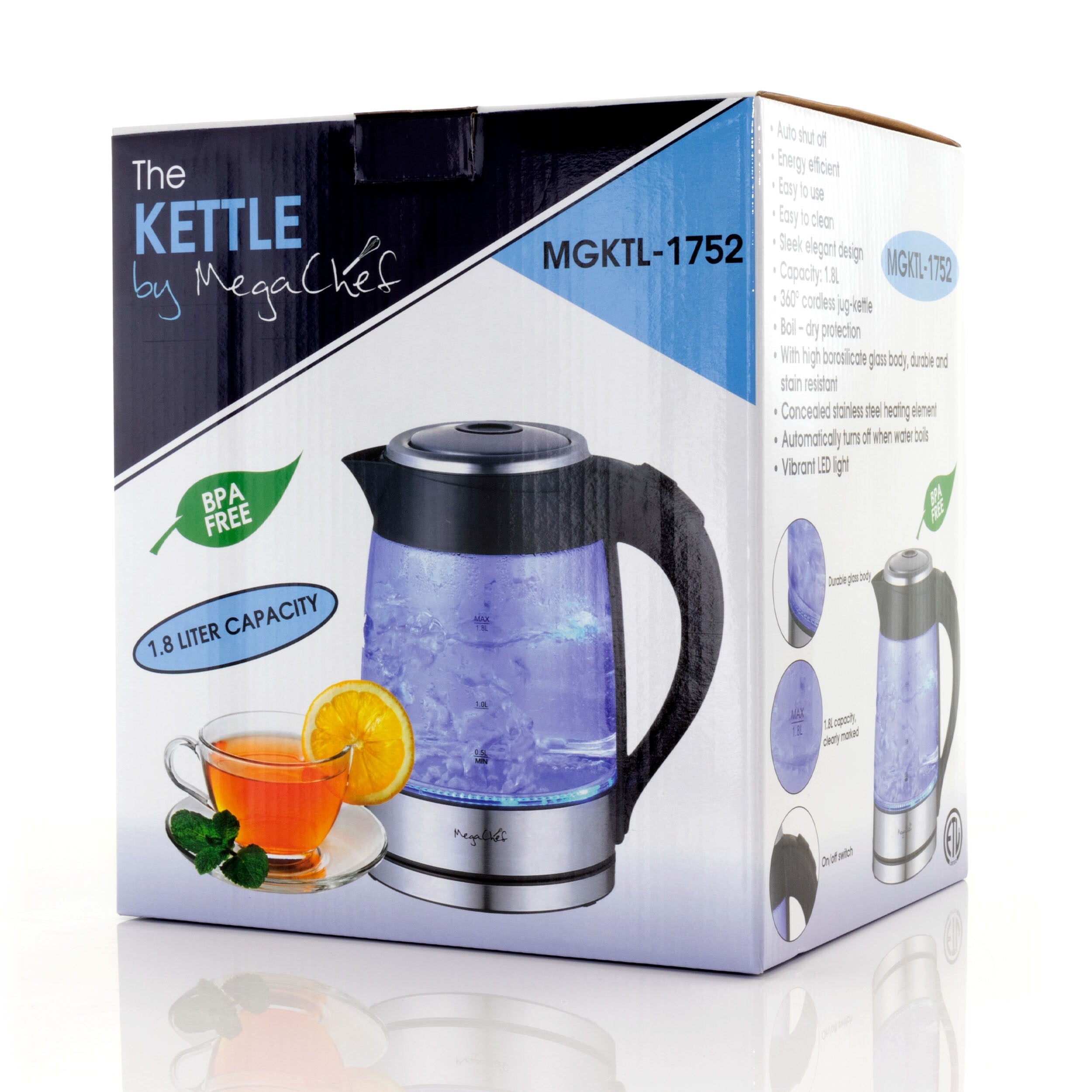 1.8L Rapid Boil Cordless Serving Electric Glass Tea Kettle in Silver