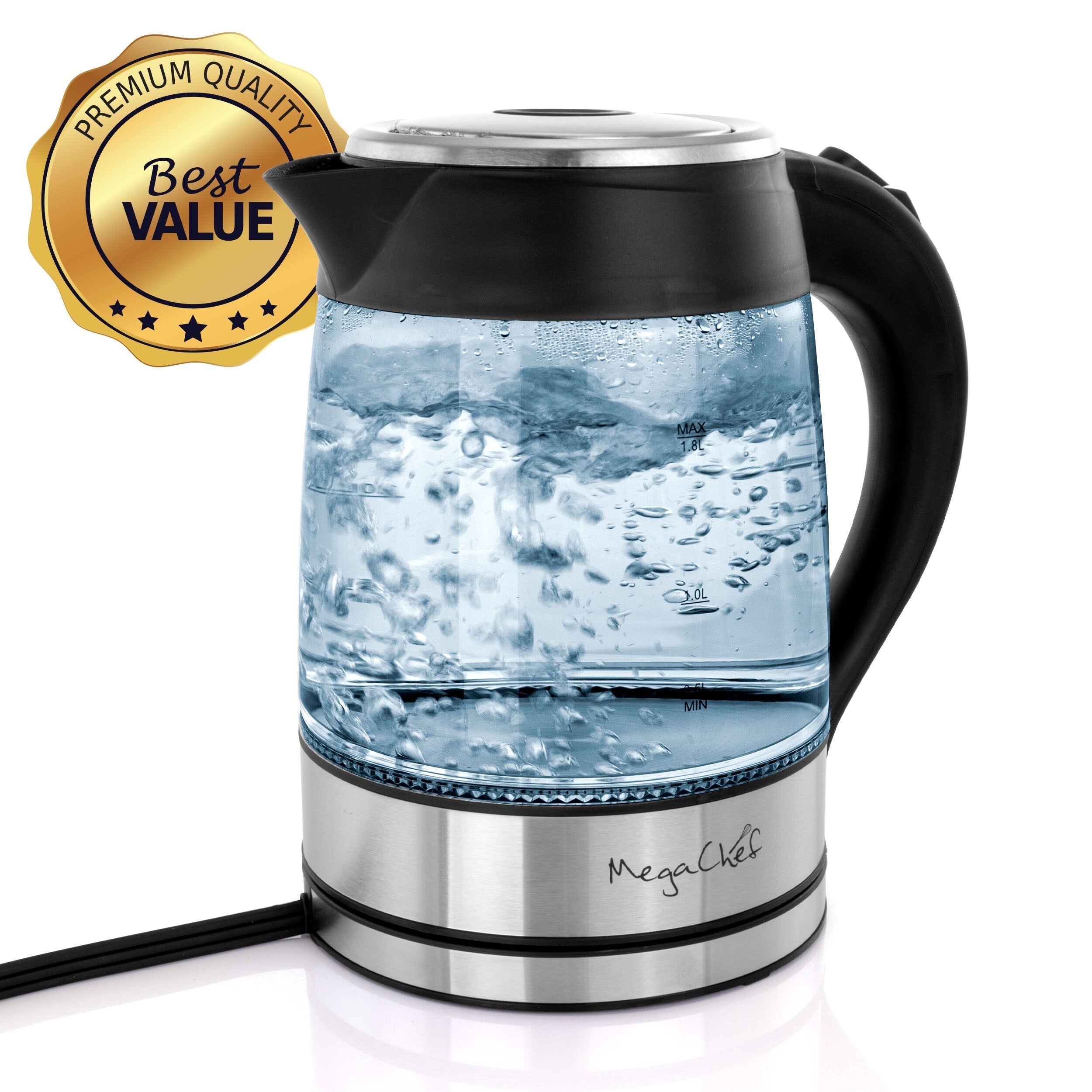 1.8L Rapid Boil Cordless Serving Electric Glass Tea Kettle in Silver
