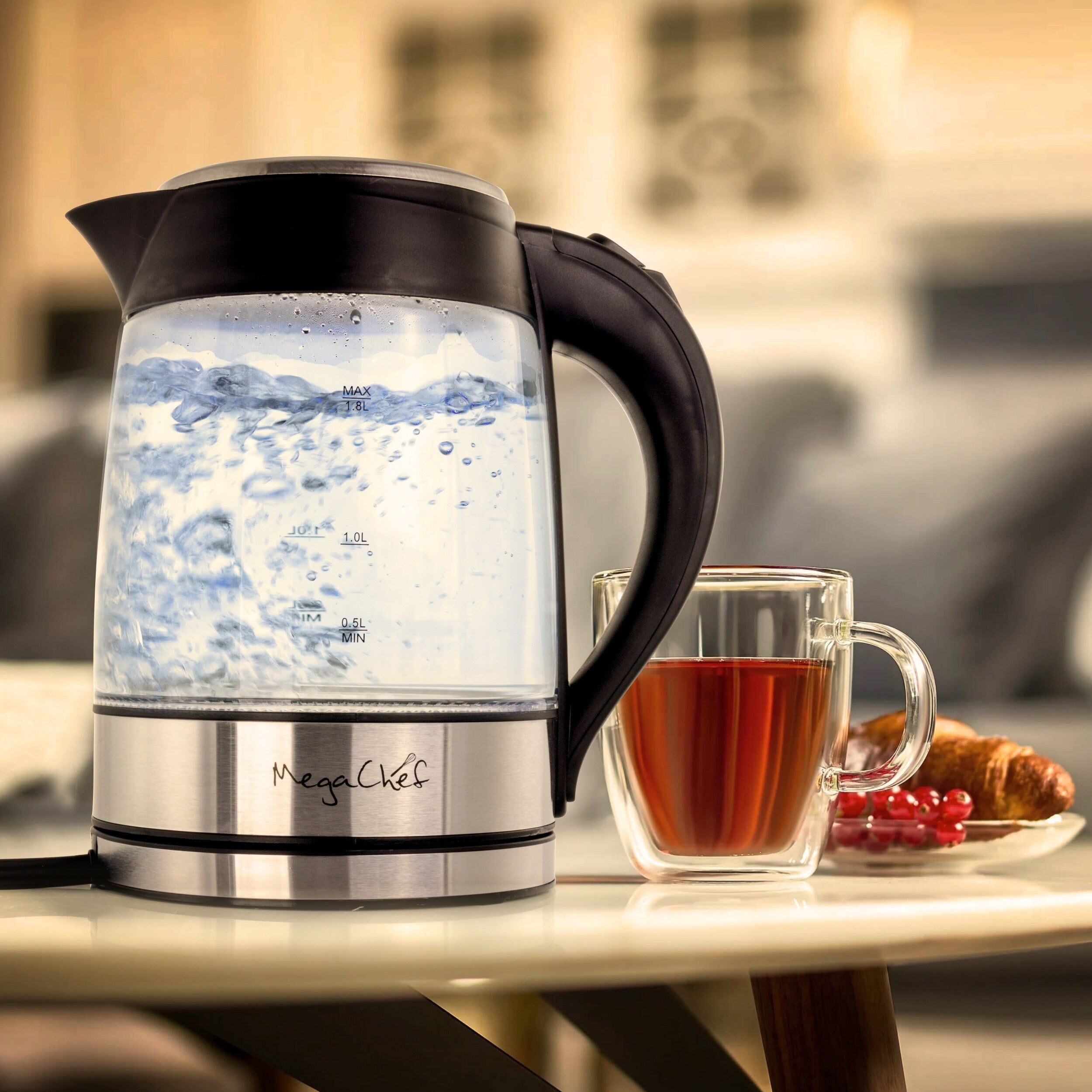 1.8L Rapid Boil Cordless Serving Electric Glass Tea Kettle in Silver