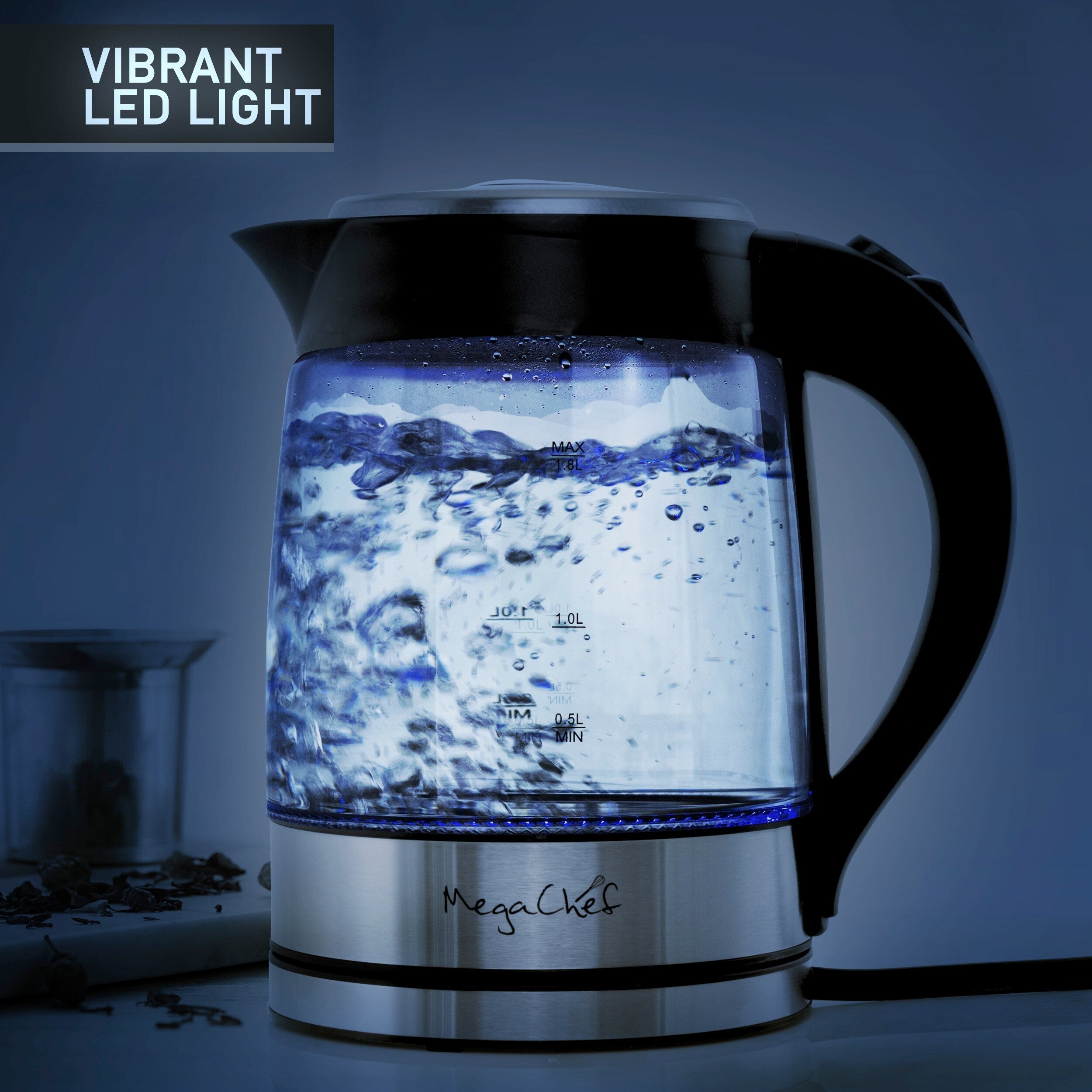 1.8L Rapid Boil Cordless Serving Electric Glass Tea Kettle in Silver