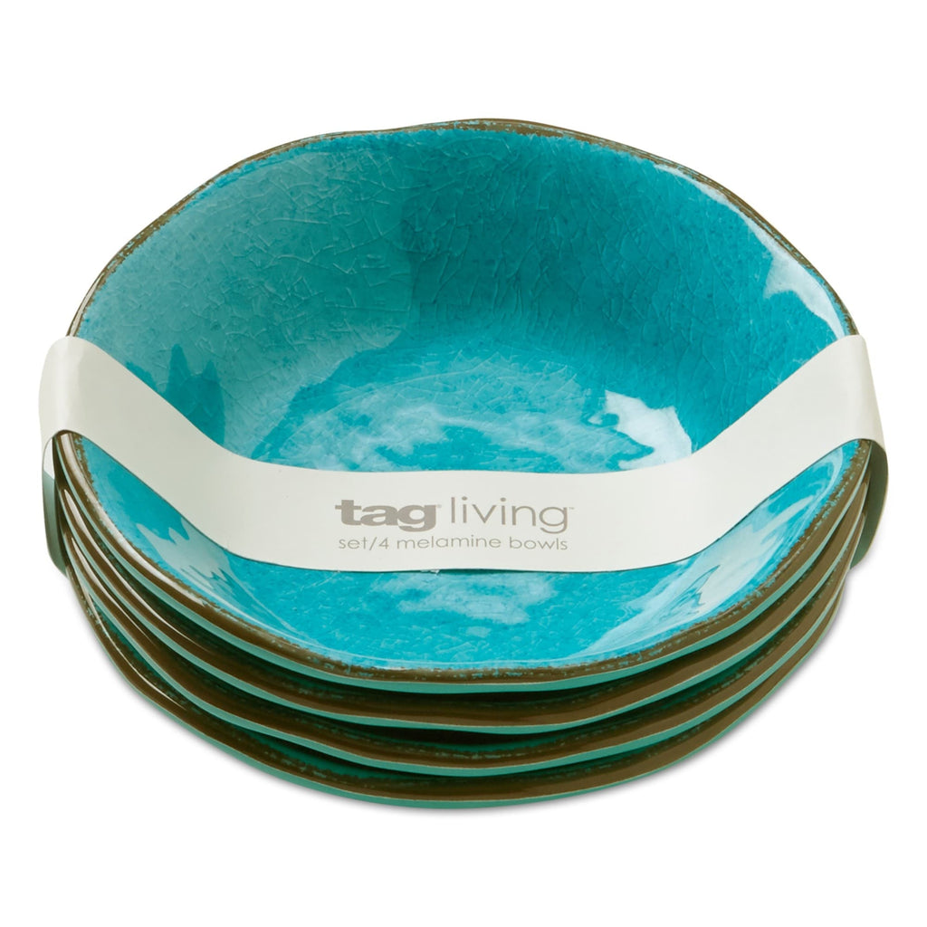 10 oz. 7 in. Veranda Cracked Glazed Solid Ocean Blue Wavy Edge Melamine Serving Bowls 4 pc Dishwasher Safe Indoor Outdoor