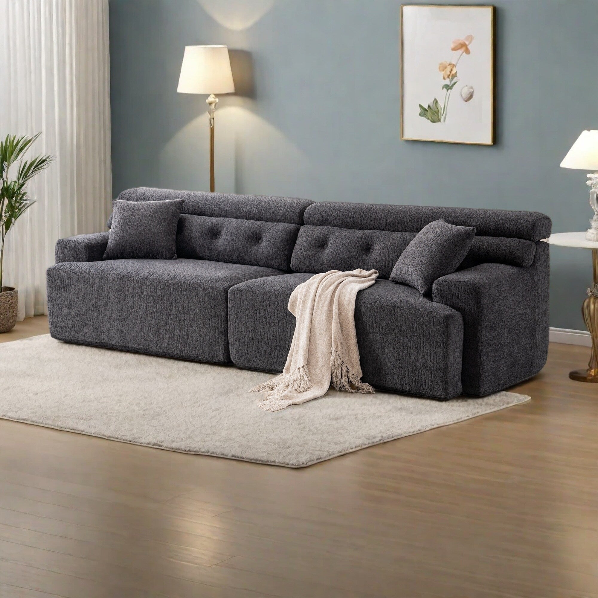 103.2 Fabric 4-Seater Sofa with 2 Free Pillows,Deep Seat and Raised Backrest - Premium High-Density Sponge