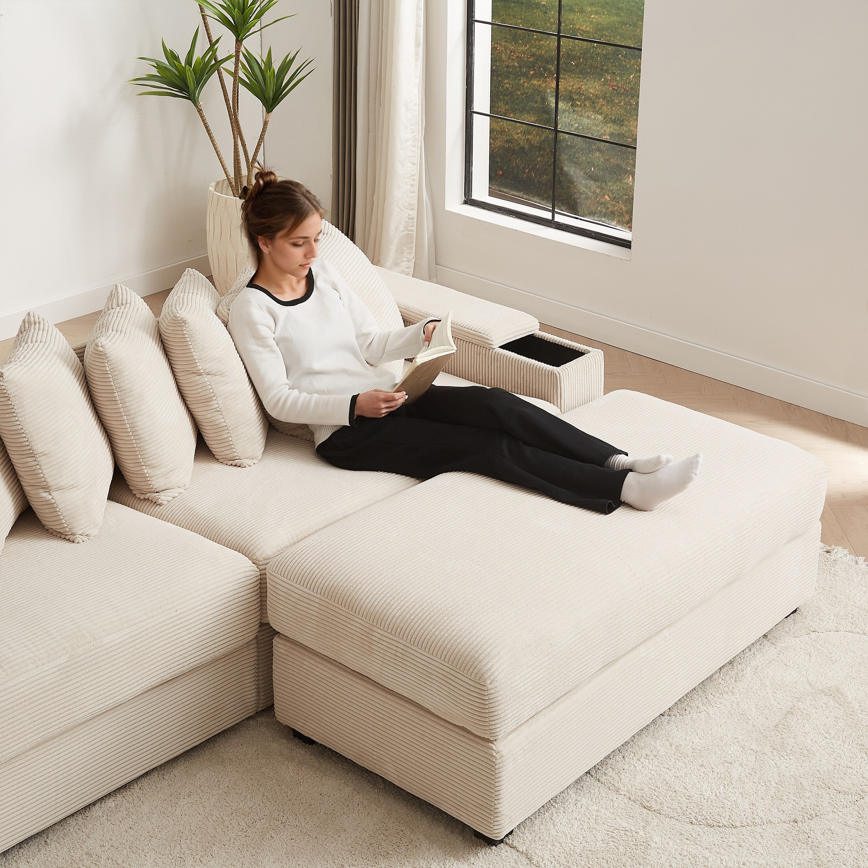 104-In Oversized Large Corduroy L Shaped Sofa with Chaise