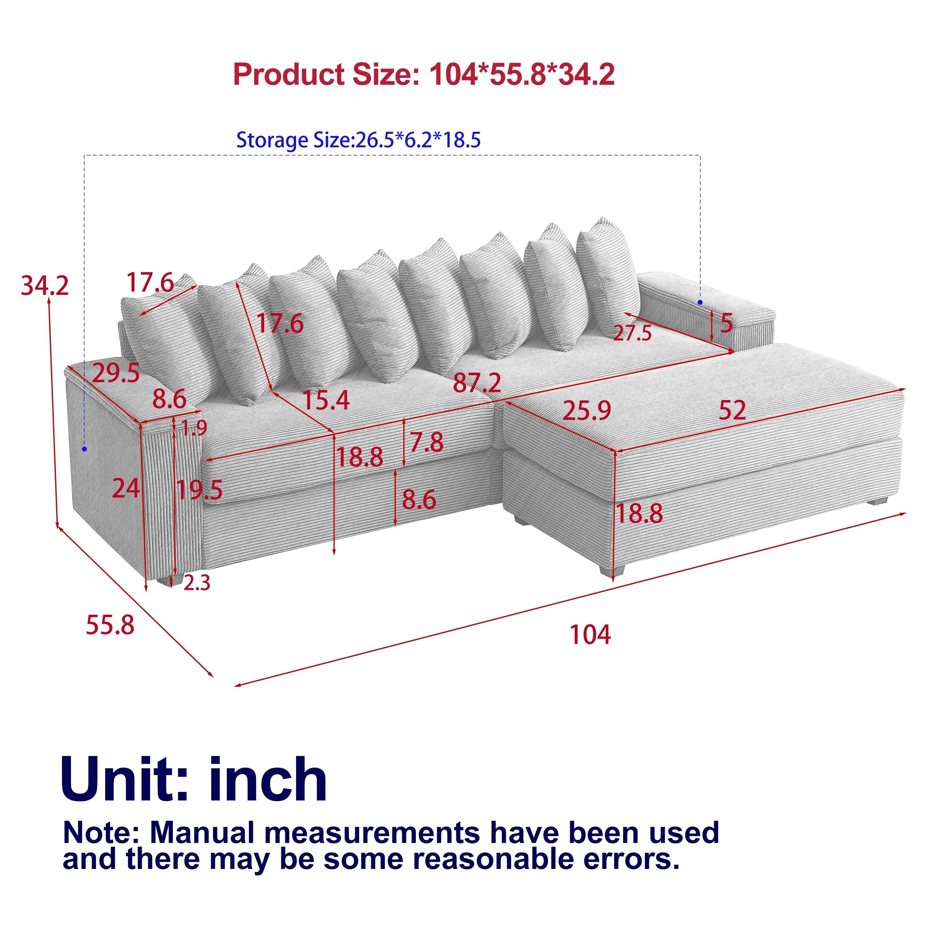 104-In Oversized Large Corduroy L Shaped Sofa with Chaise