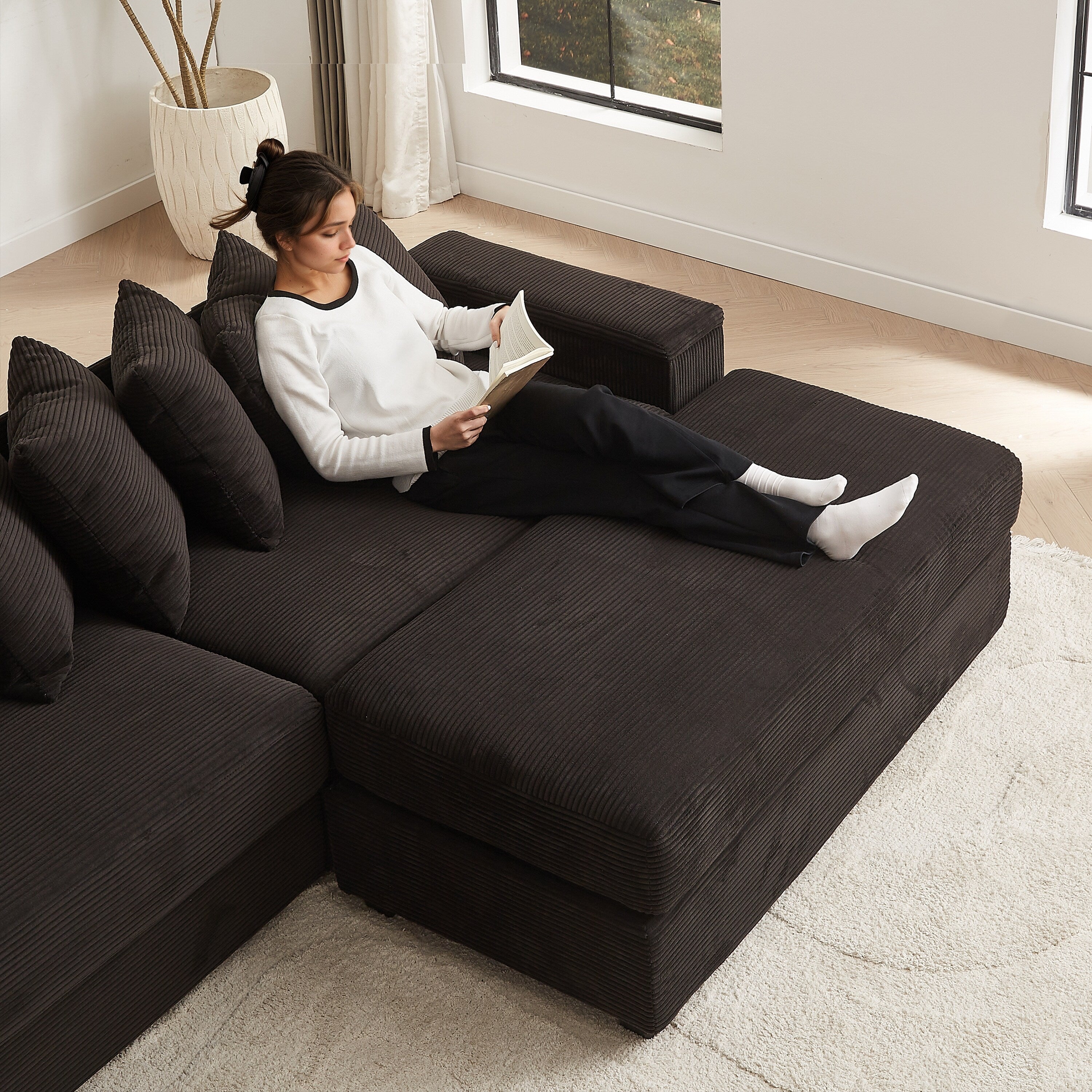104-In Oversized Large Corduroy L Shaped Sofa with Chaise