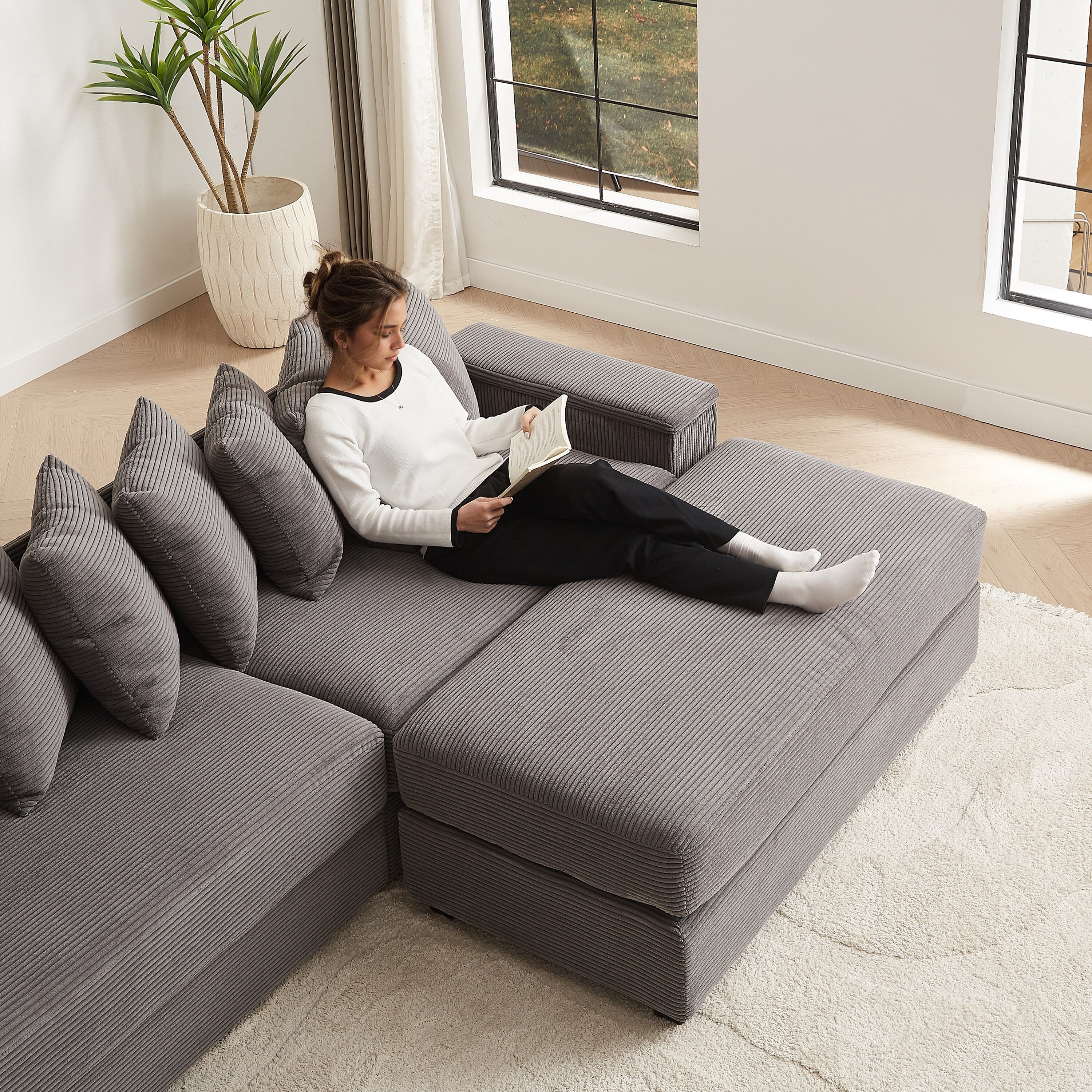 104-In Oversized Large Corduroy L Shaped Sofa with Chaise