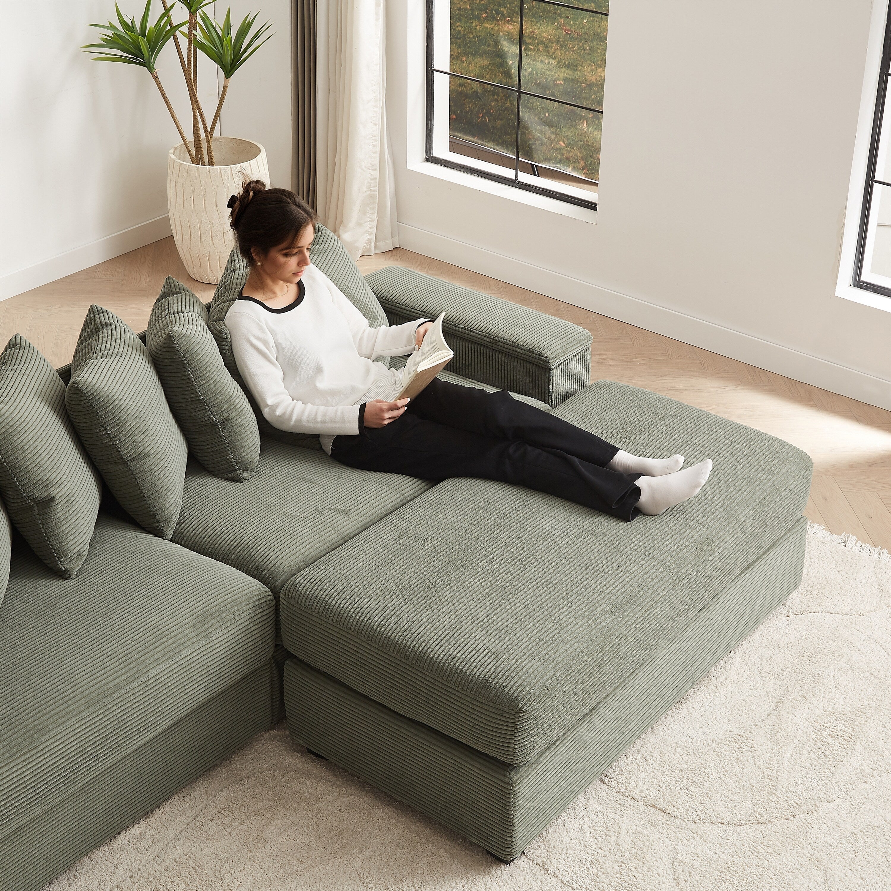 104-In Oversized Large Corduroy L Shaped Sofa with Chaise