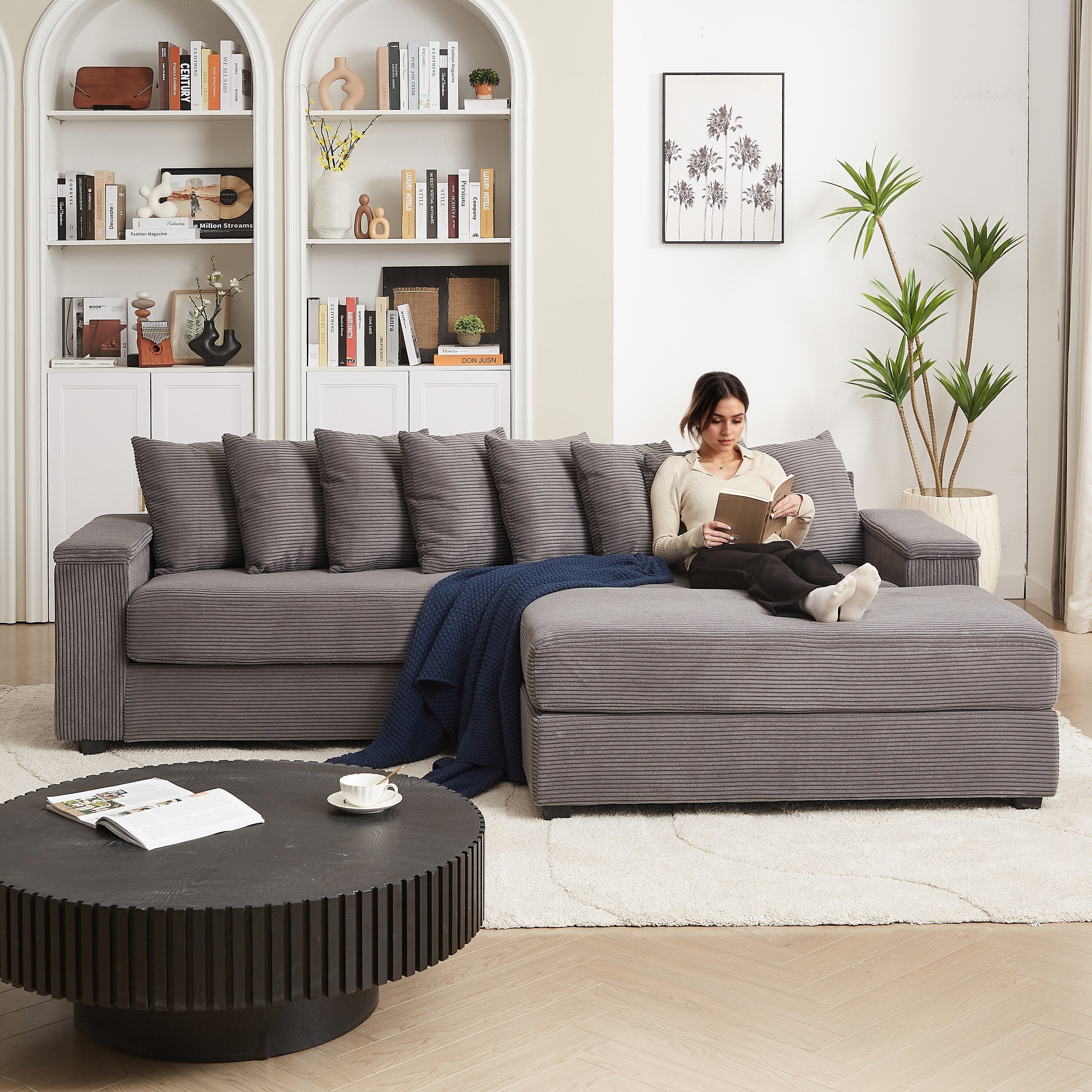 104-In Oversized Large Corduroy L Shaped Sofa with Chaise