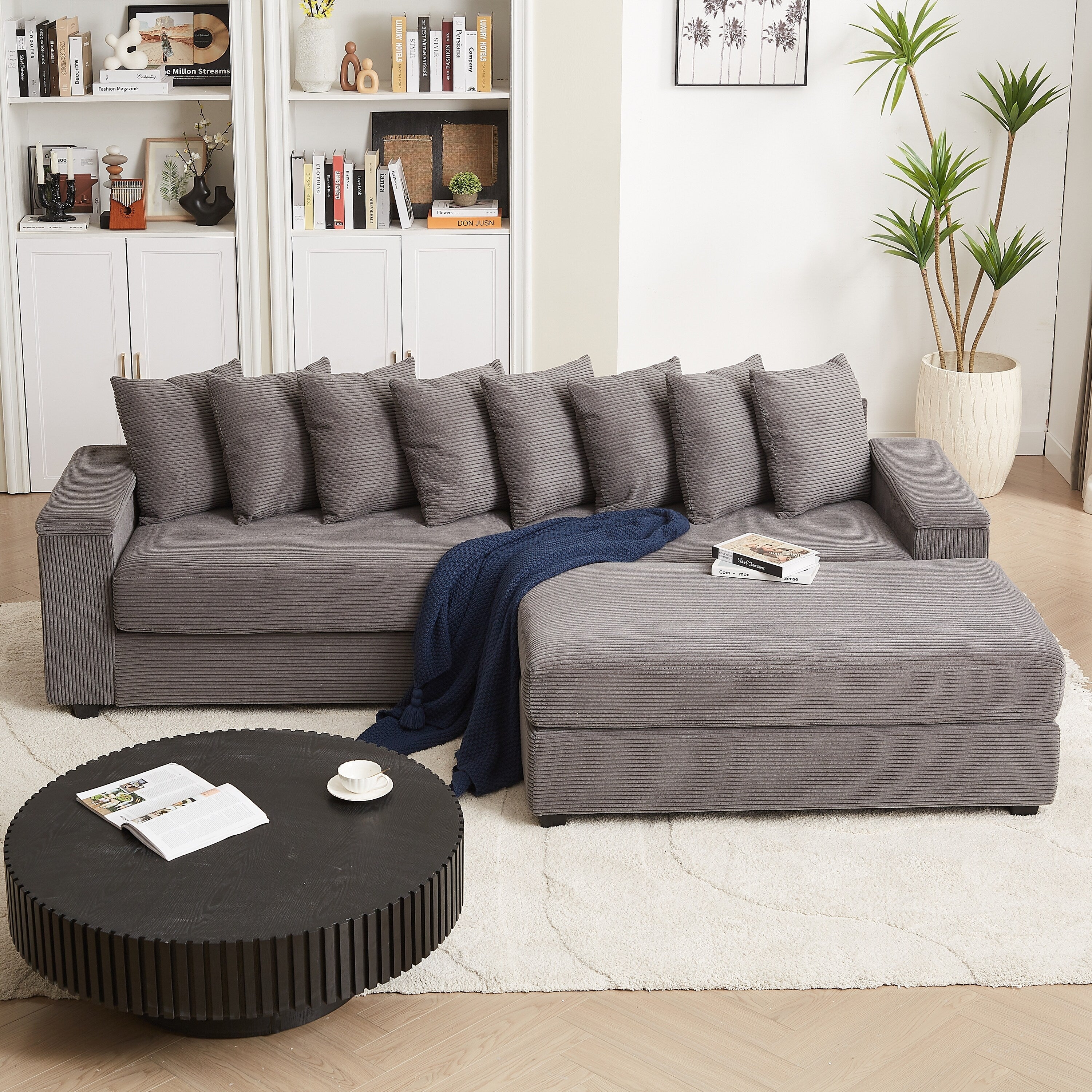 104-In Oversized Large Corduroy L Shaped Sofa with Chaise