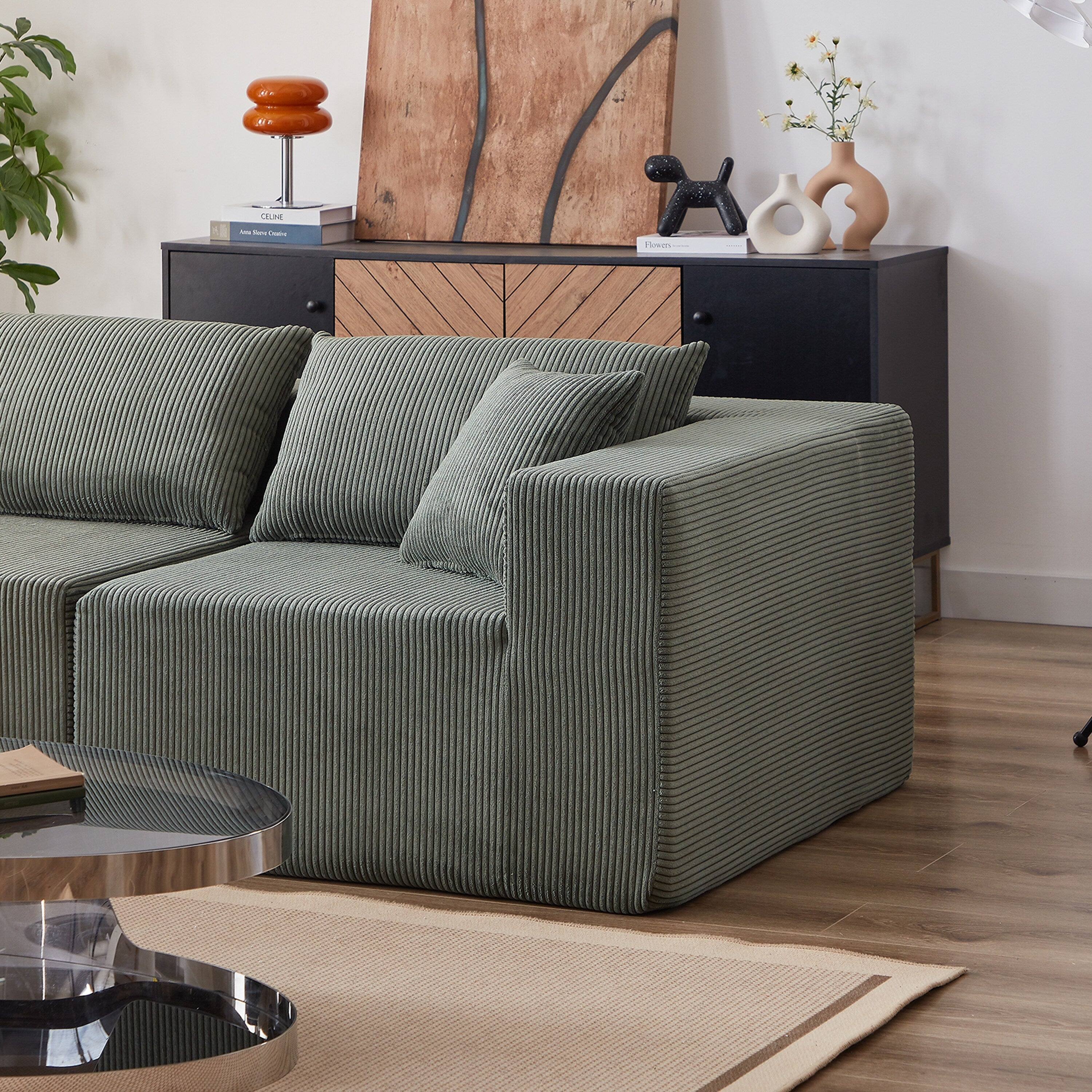 104-Inch Corduroy Modular L Shaped Sectional Sofa,Floor Couch Set,Foam-Filled Compressed Sofa,4 PC Free Combination