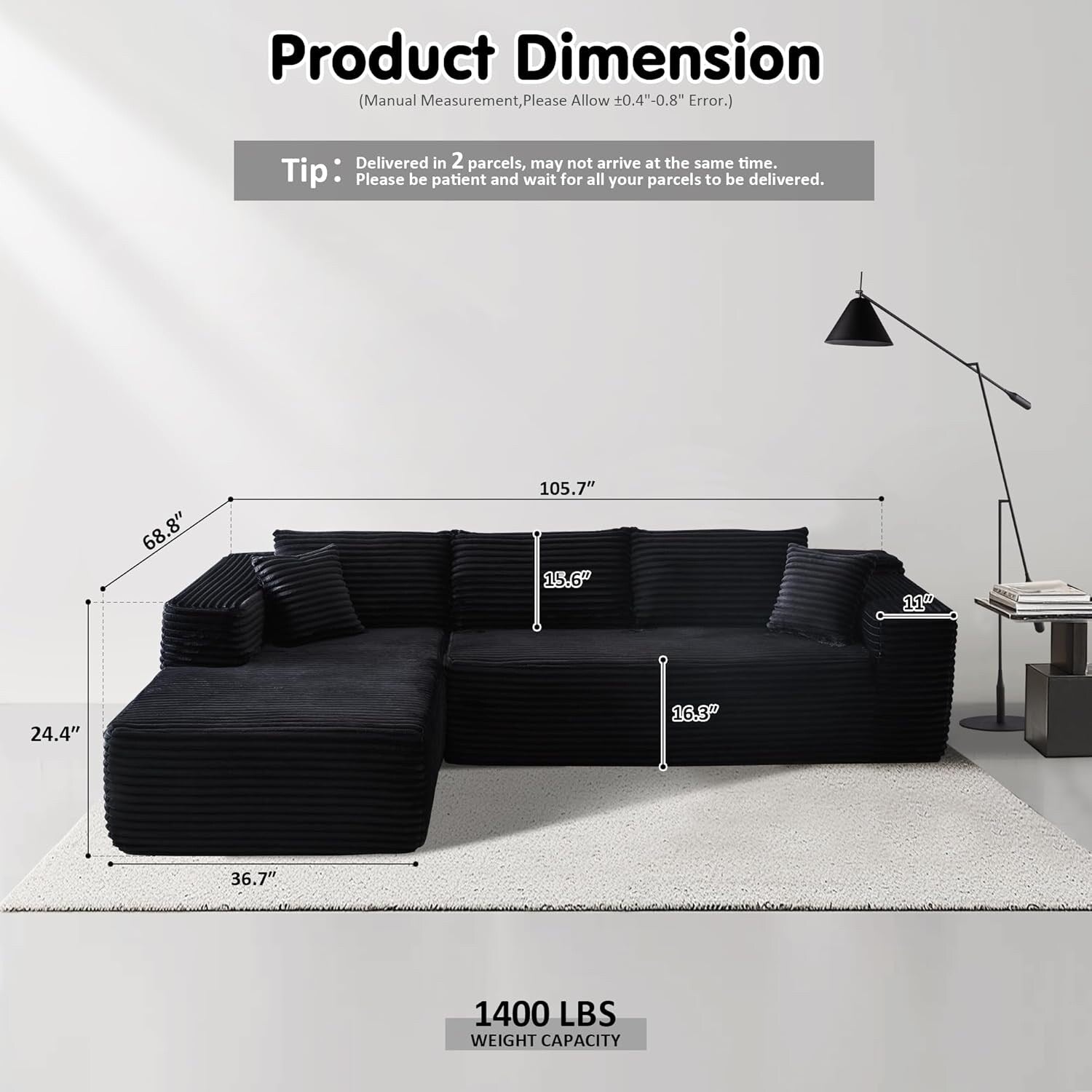 104 L-Shape Cloud Sectional Sofa - Modular Deep Seat Couch for Living Room & Bedroom, No Assembly