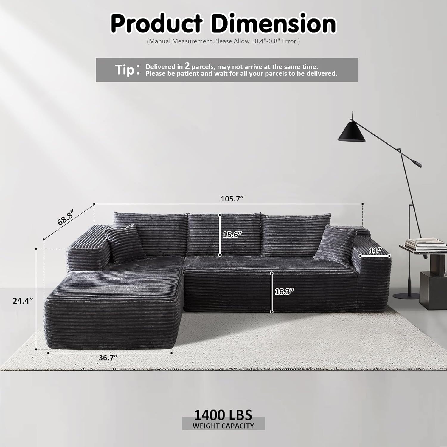 104 L-Shape Cloud Sectional Sofa - Modular Deep Seat Couch for Living Room & Bedroom, No Assembly