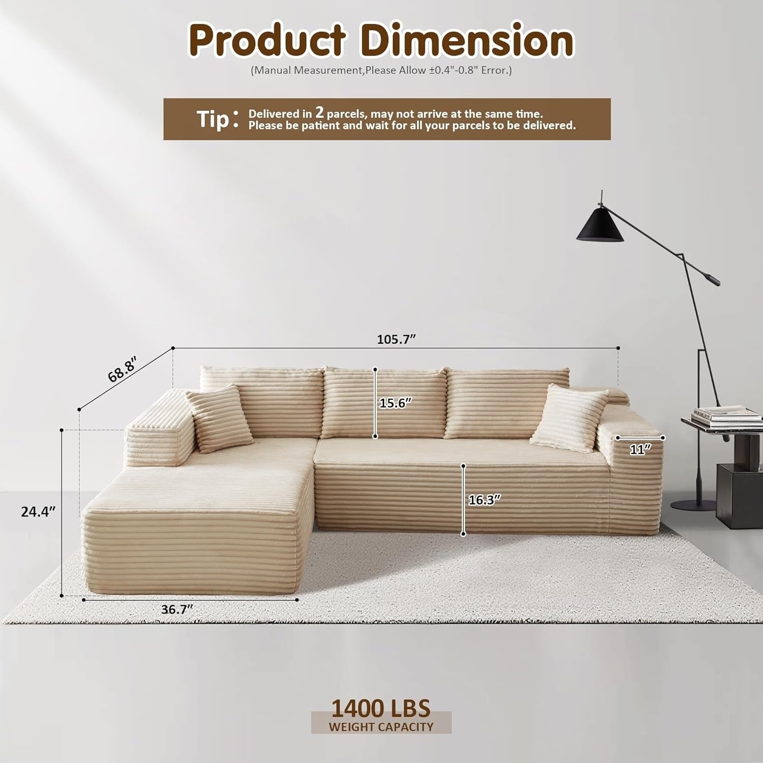 104 L-Shape Cloud Sectional Sofa - Modular Deep Seat Couch for Living Room & Bedroom, No Assembly