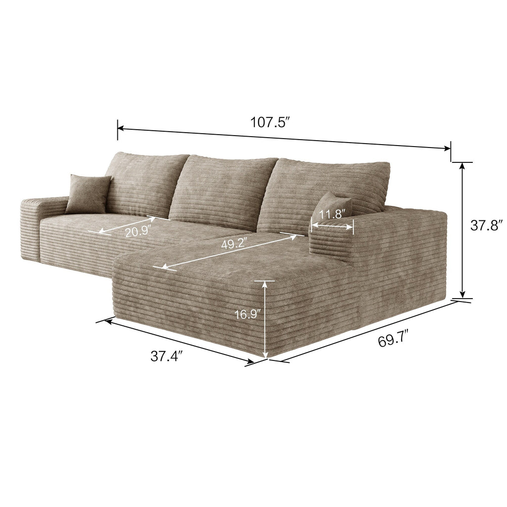 107-Inch Modular Corduroy Sectional Sofa with Chaise and Deep Seating for Living Room Bedroom