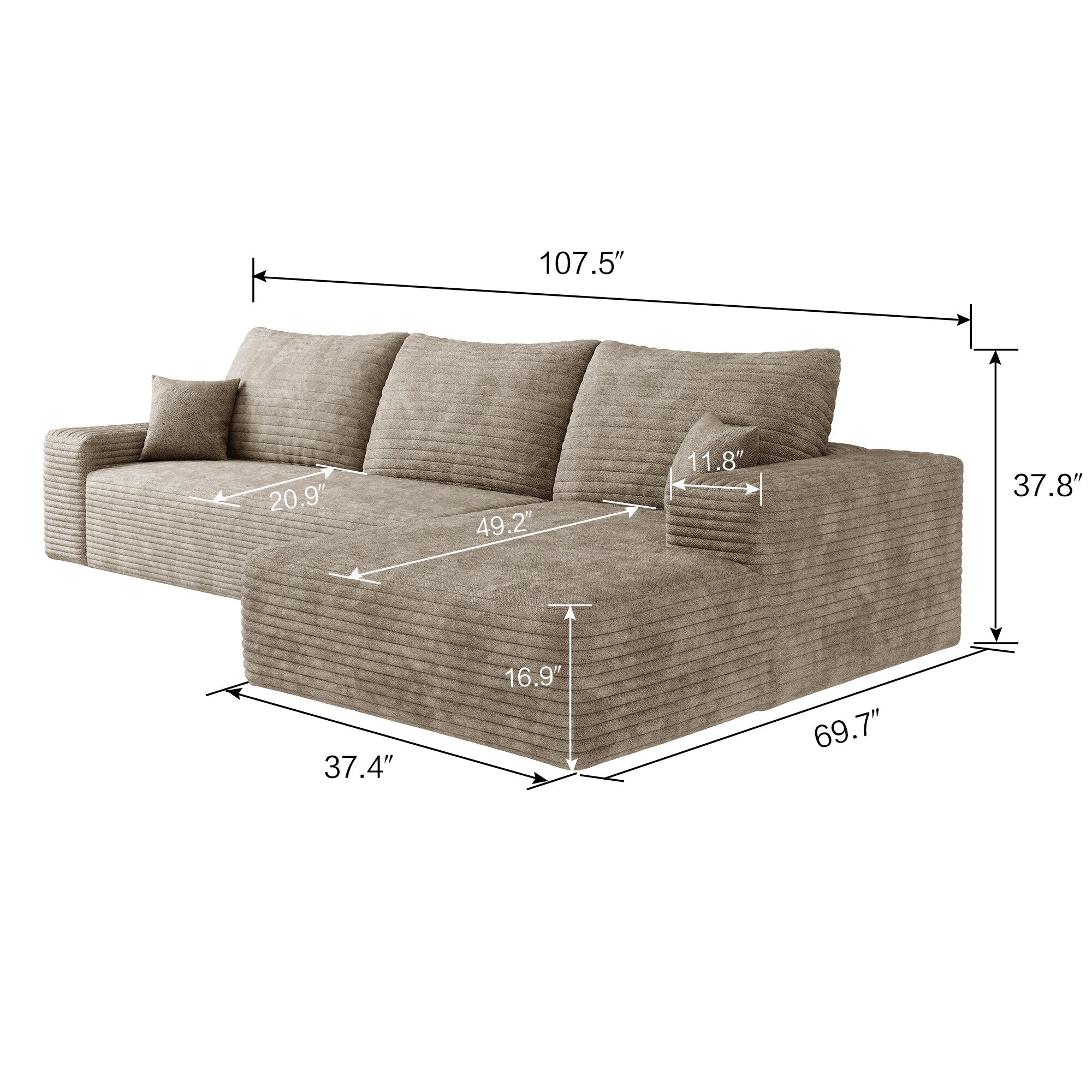 107-Inch Modular Corduroy Sectional Sofa with Chaise and Deep Seating for Living Room Bedroom
