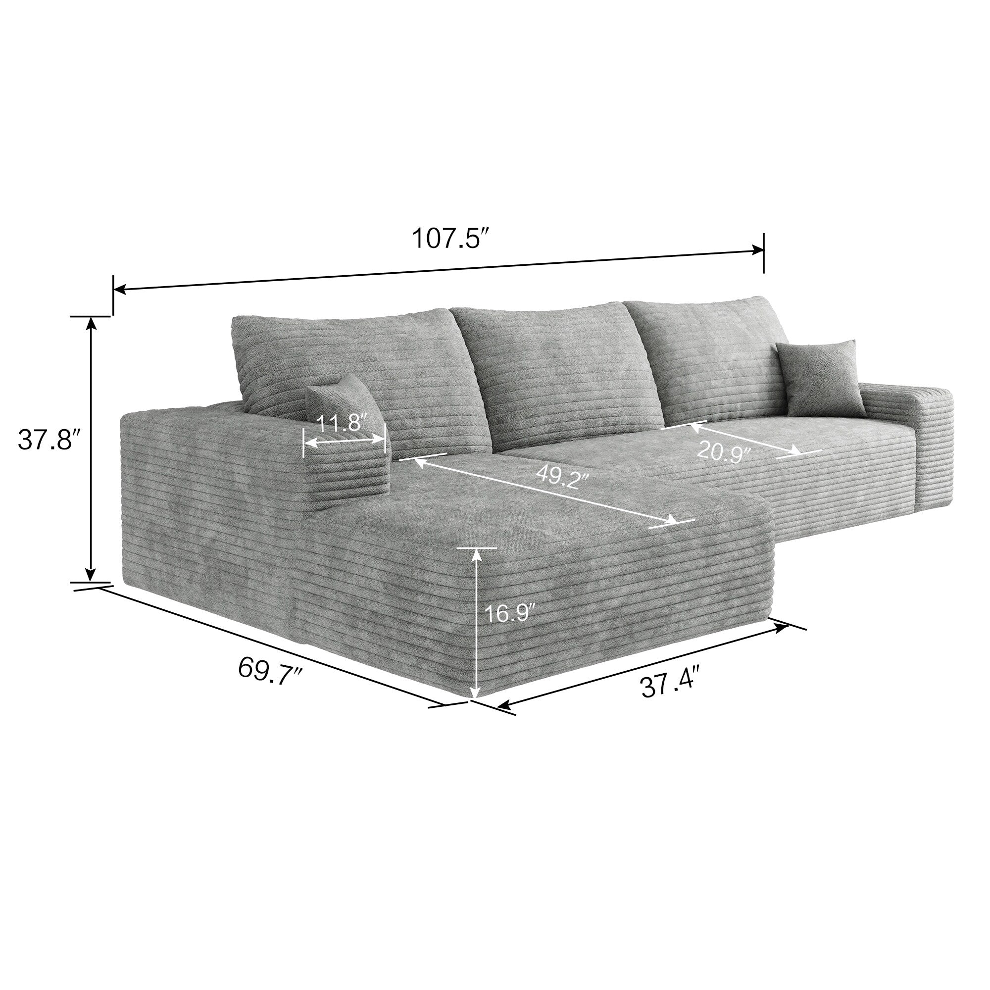 107-Inch Modular Corduroy Sectional Sofa with Chaise and Deep Seating for Living Room Bedroom