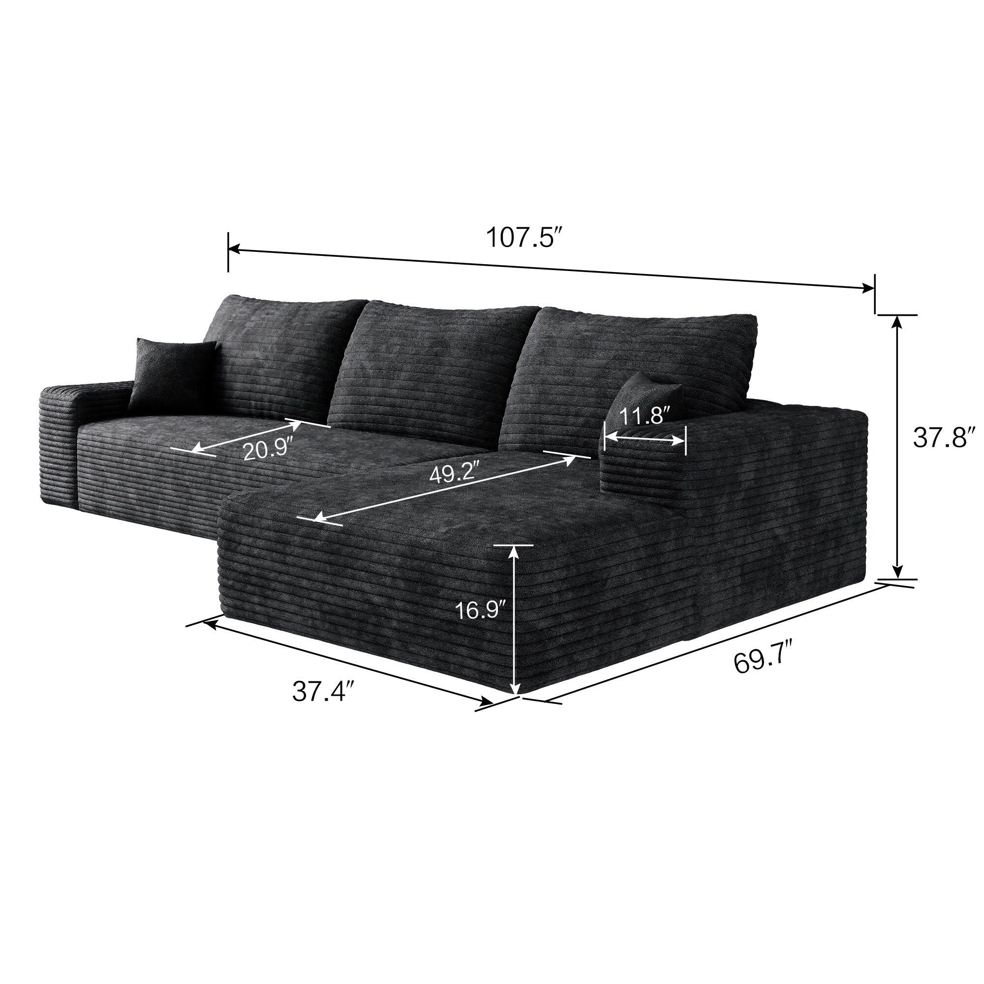 107-Inch Modular Corduroy Sectional Sofa with Chaise and Deep Seating for Living Room Bedroom