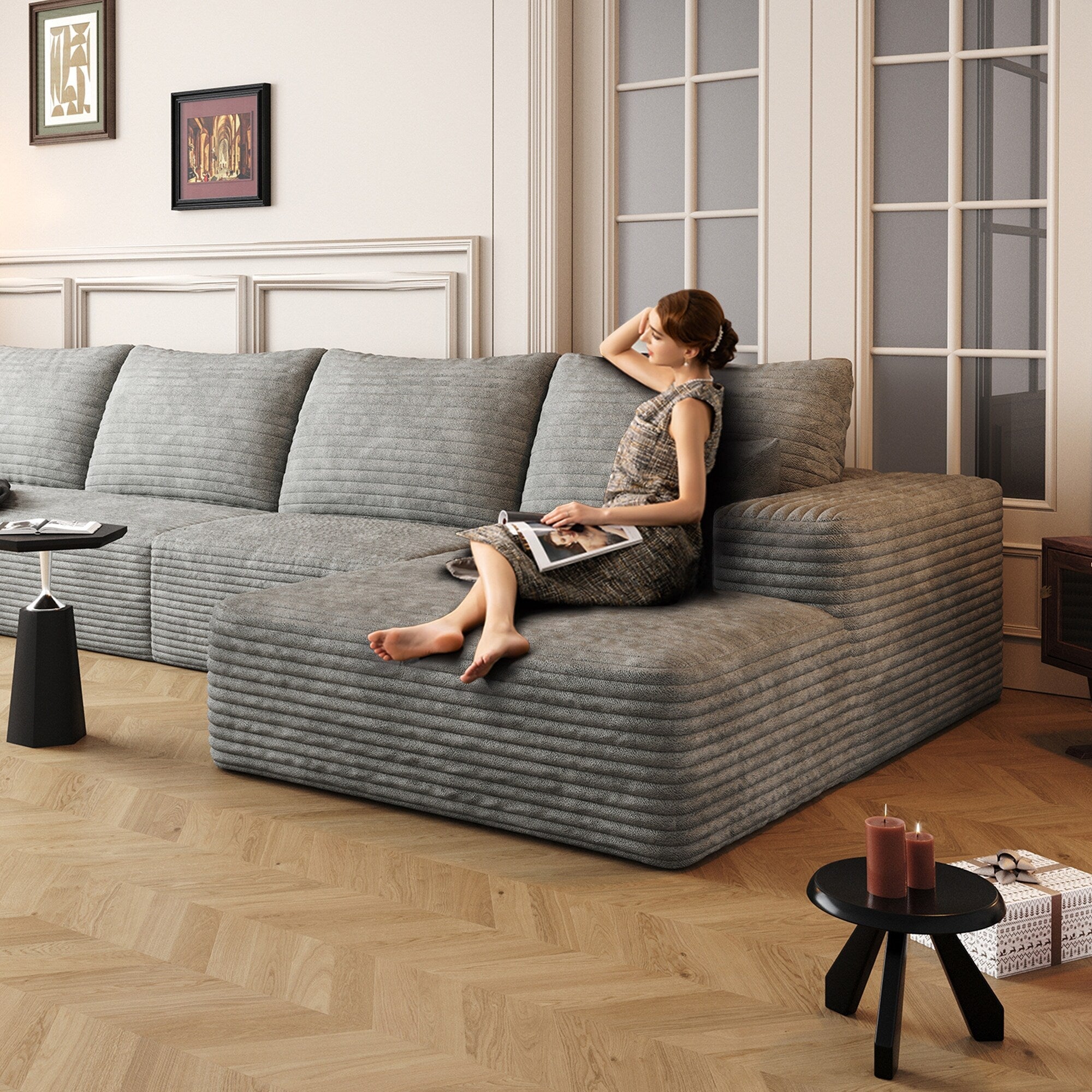 107-Inch Modular Corduroy Sectional Sofa with Chaise and Deep Seating for Living Room Bedroom