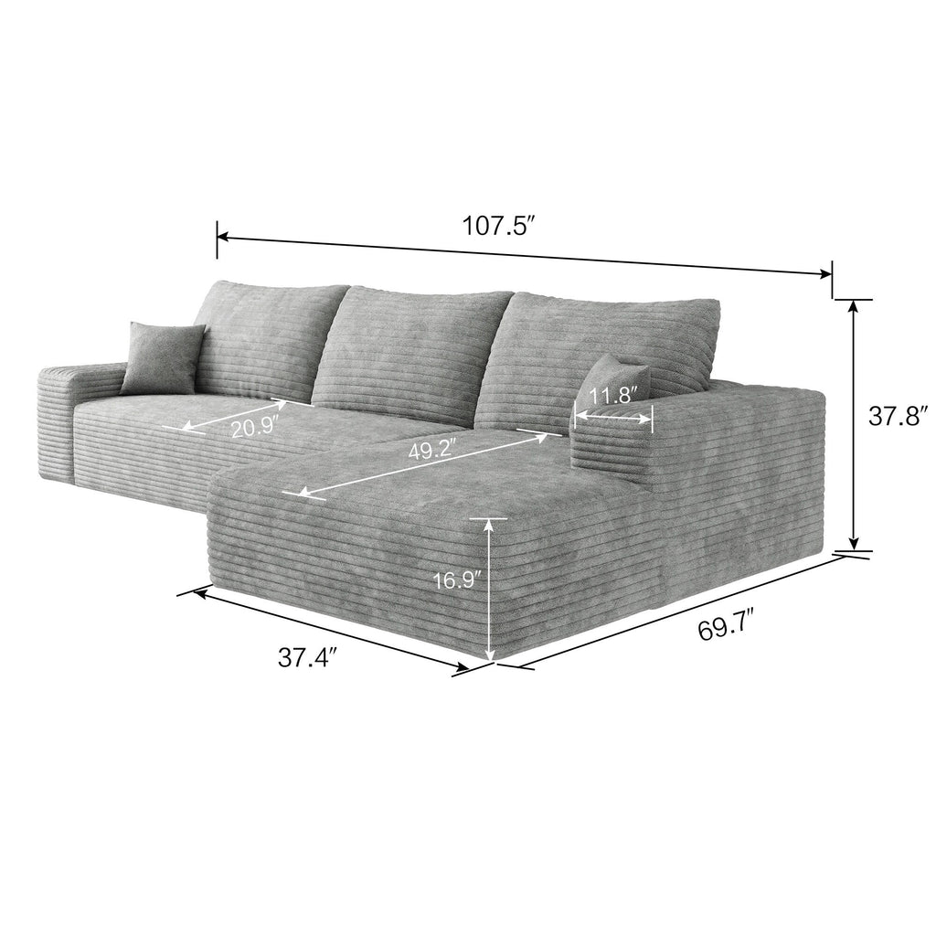 107-Inch Modular Corduroy Sectional Sofa with Chaise and Deep Seating for Living Room Bedroom