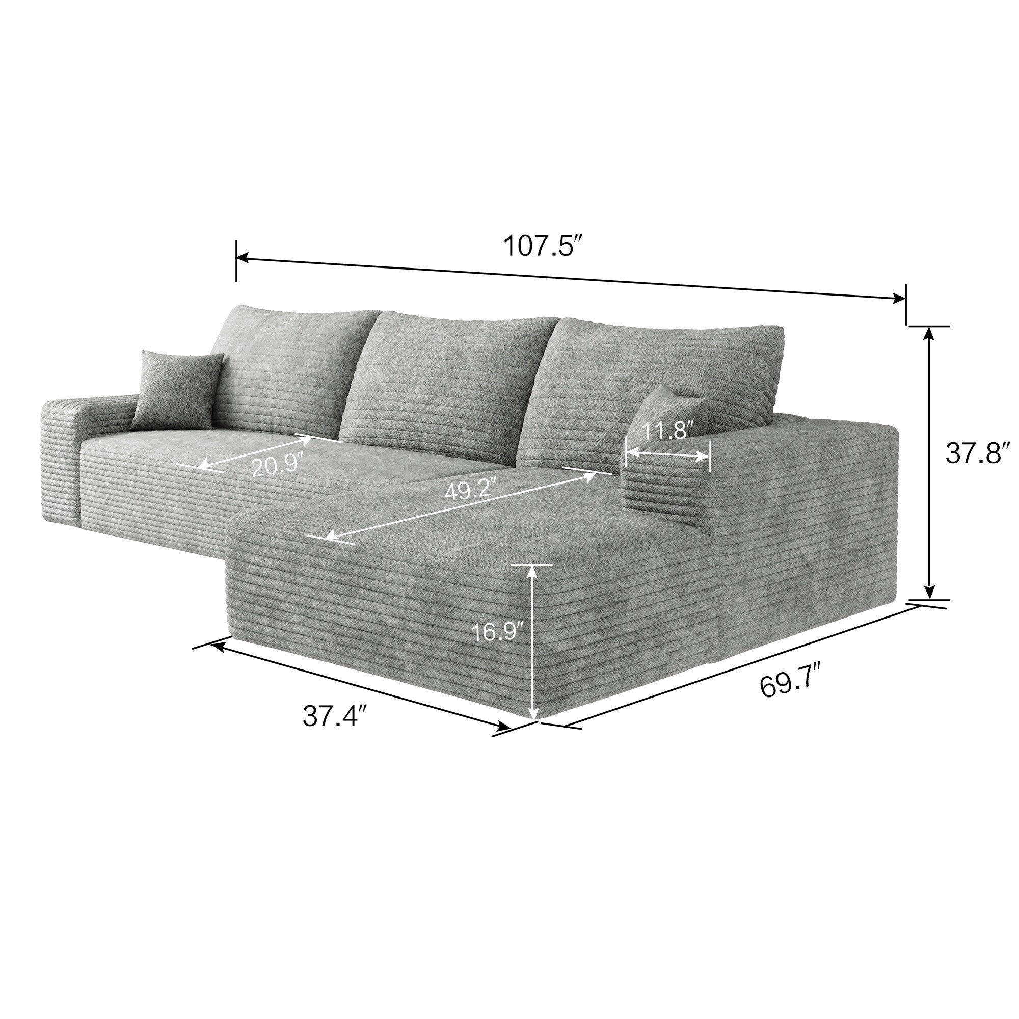 107-Inch Modular Corduroy Sectional Sofa with Chaise and Deep Seating for Living Room Bedroom