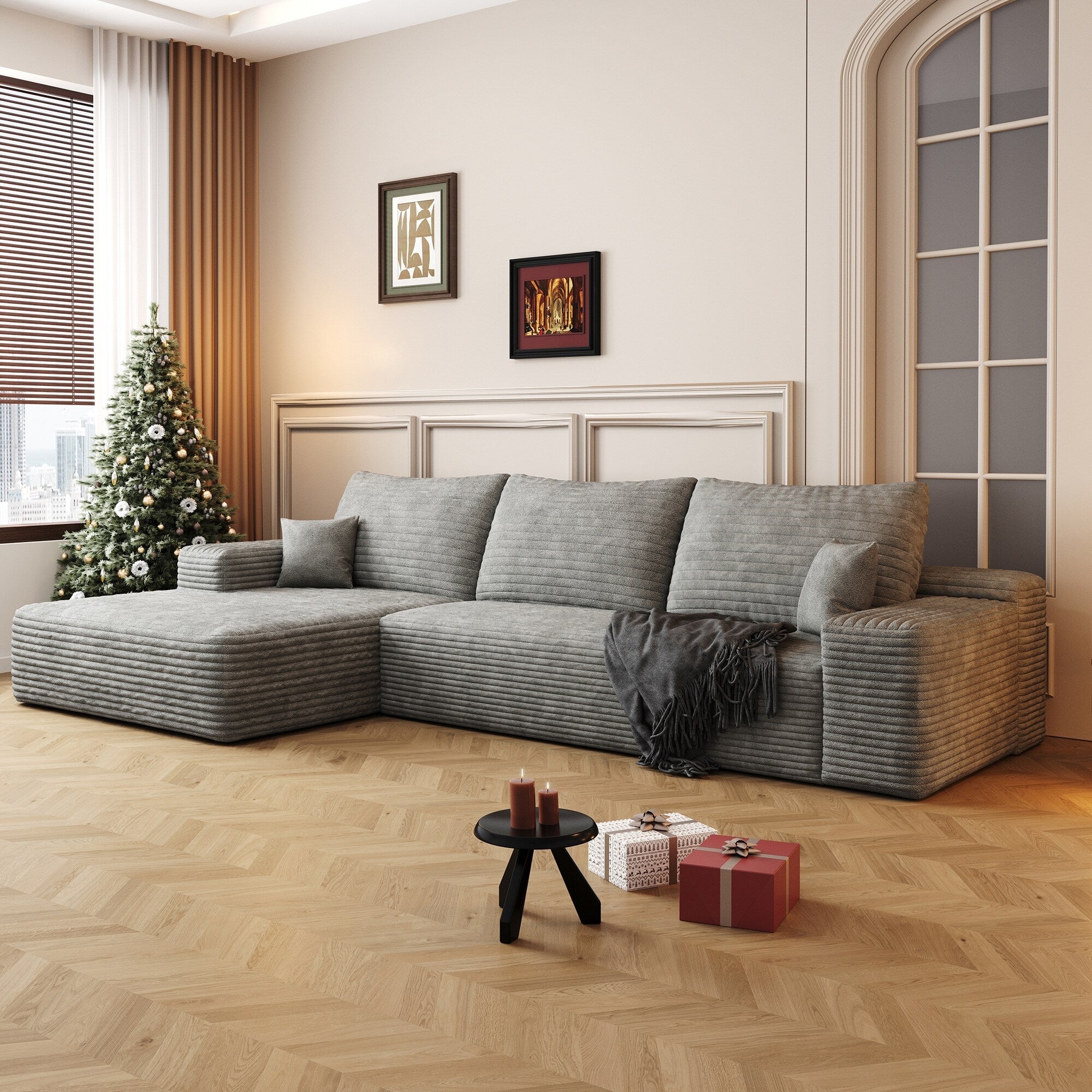 107-Inch Modular Corduroy Sectional Sofa with Chaise and Deep Seating for Living Room Bedroom