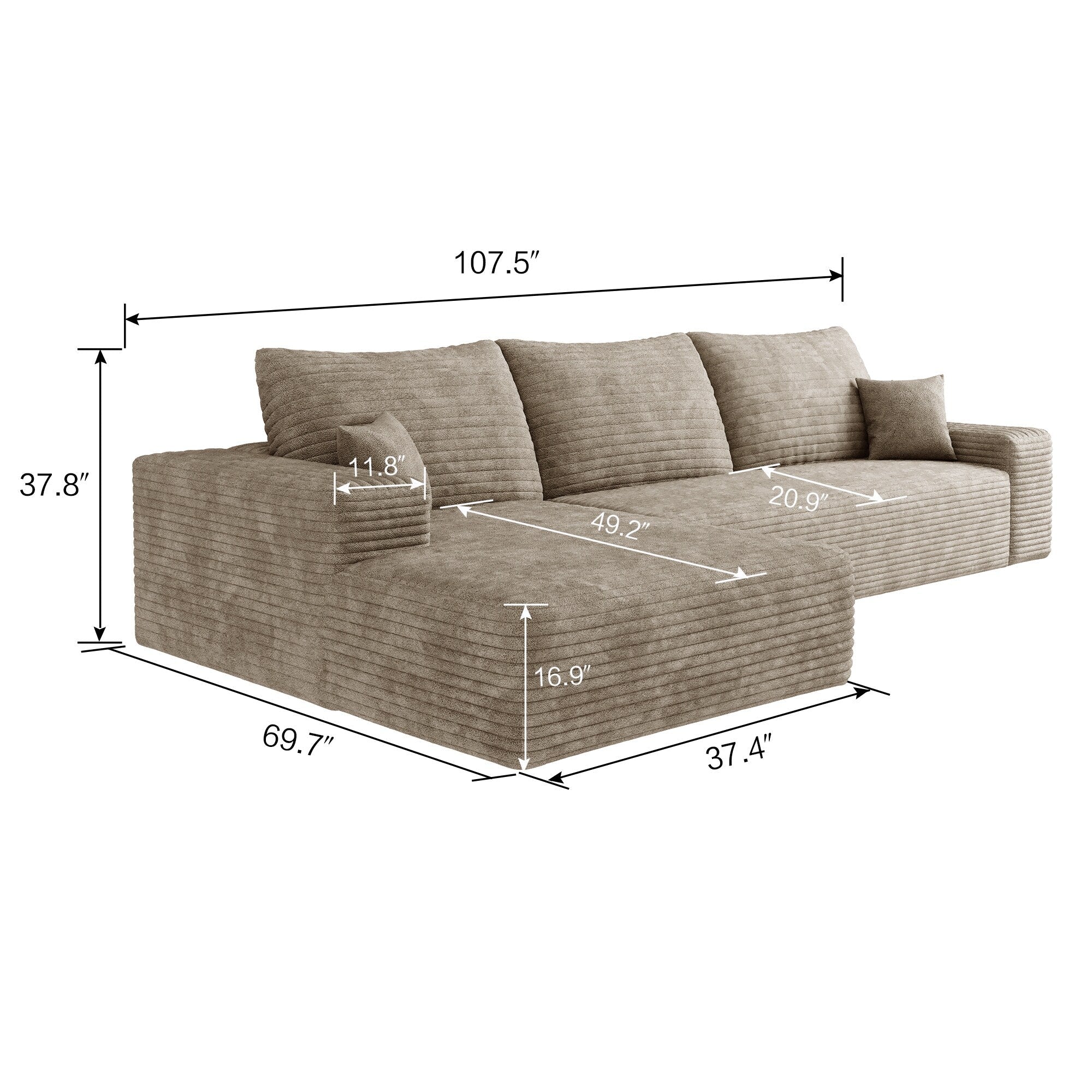 107-Inch Modular Corduroy Sectional Sofa with Chaise and Deep Seating for Living Room Bedroom