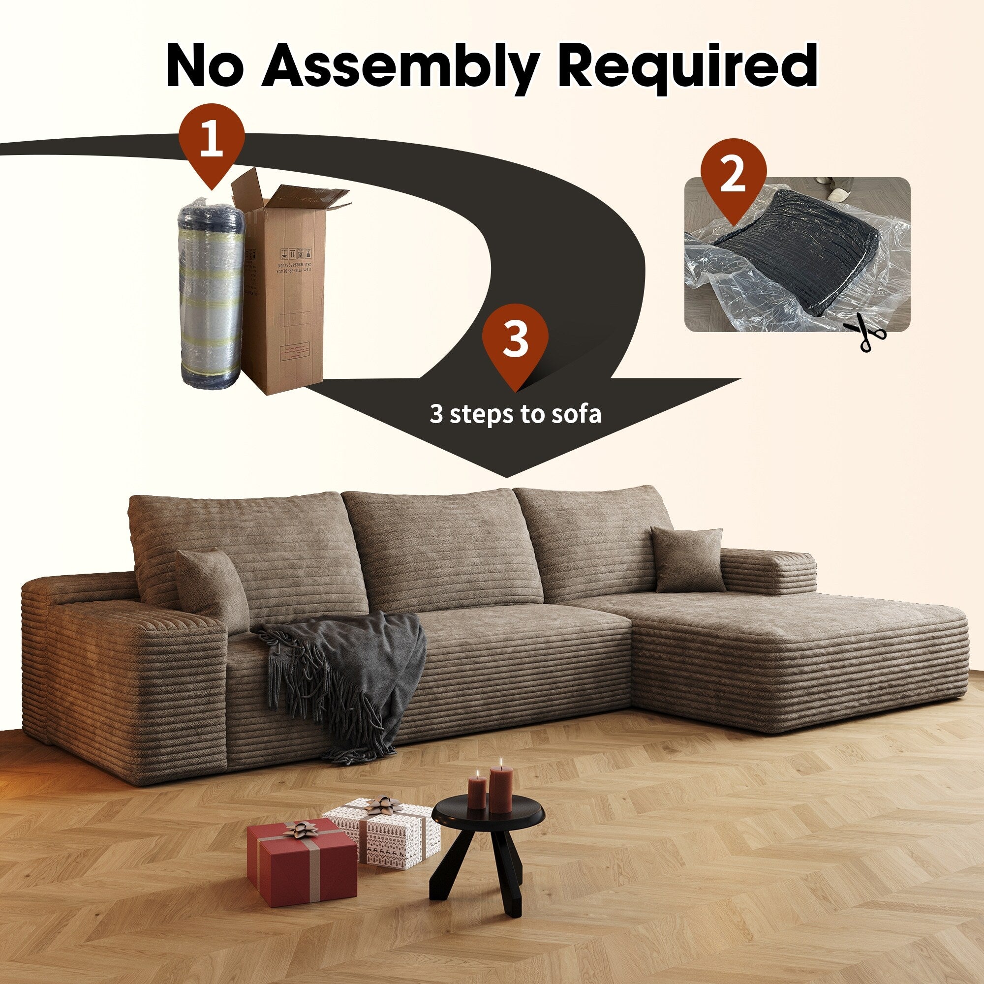 107-Inch Modular Corduroy Sectional Sofa with Chaise and Deep Seating for Living Room Bedroom