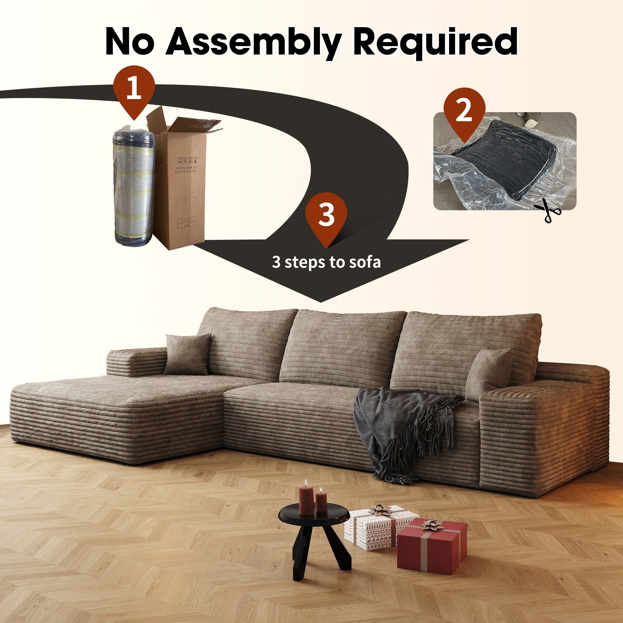107-Inch Modular Corduroy Sectional Sofa with Chaise and Deep Seating for Living Room Bedroom