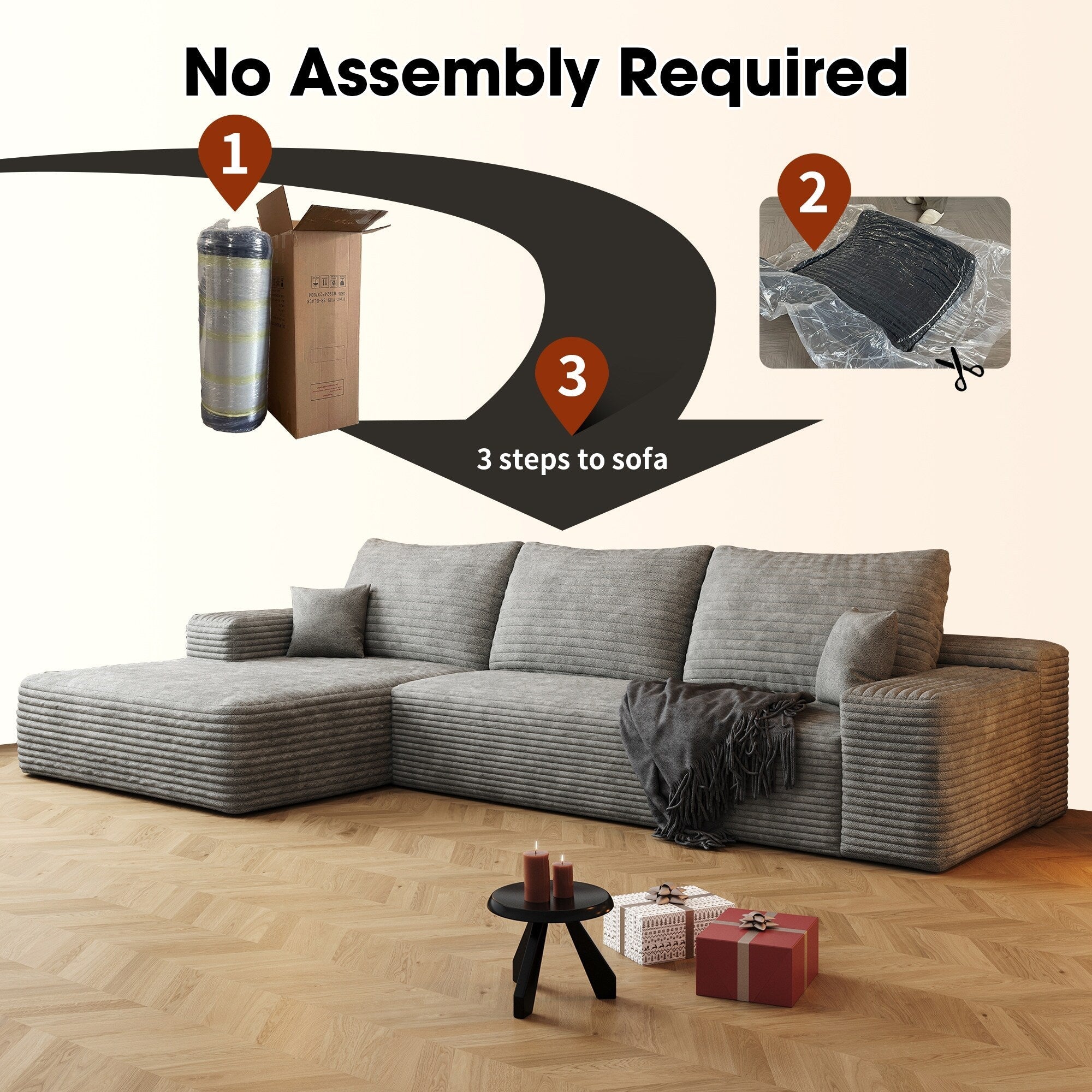 107-Inch Modular Corduroy Sectional Sofa with Chaise and Deep Seating for Living Room Bedroom