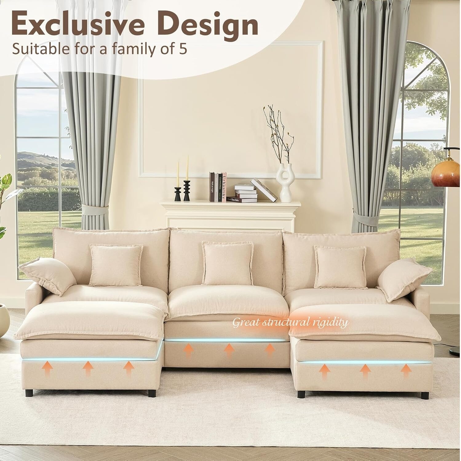 108 L-Shaped Modular Sectional Sofa - 3-Seater Cloud Couch with Movable Ottoman & Deep Seating, Beige Linen Fabric