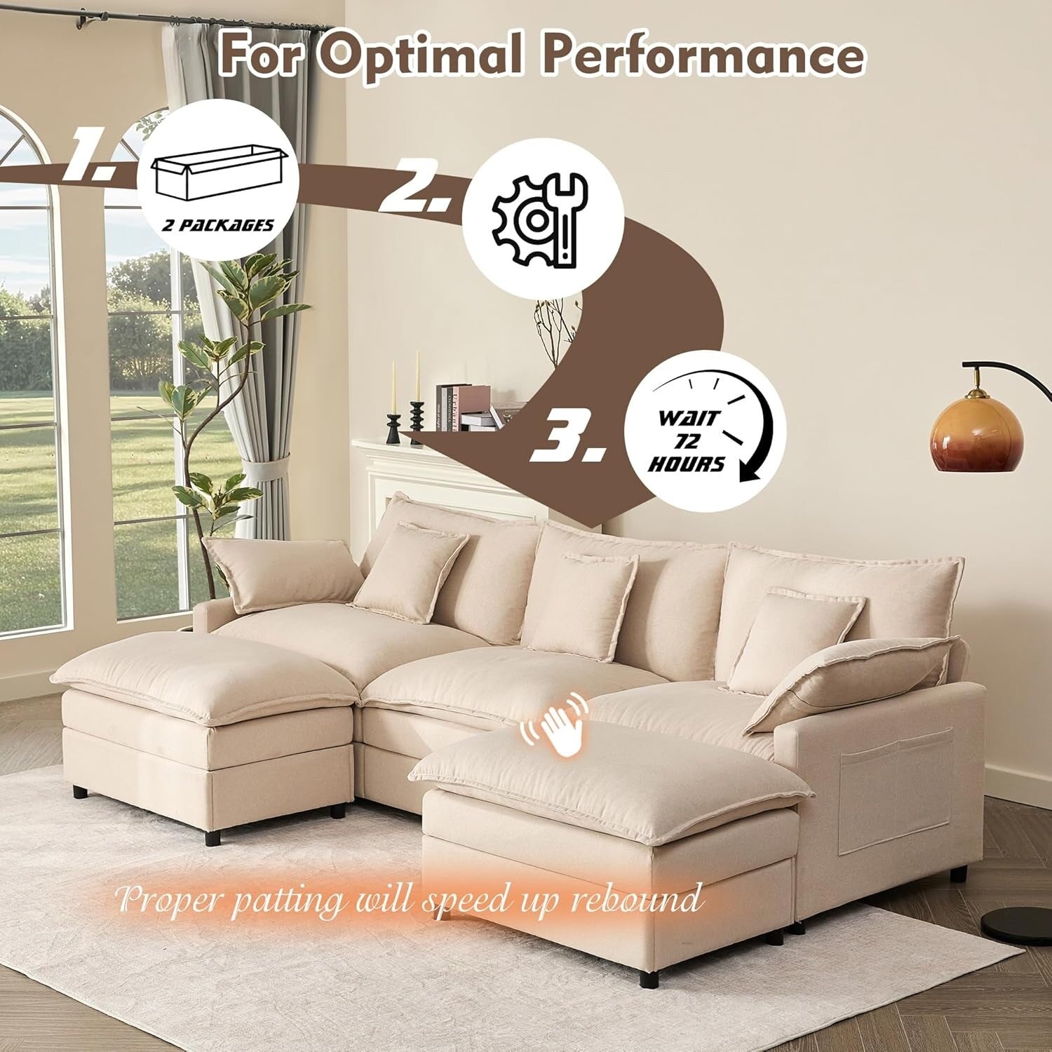 108 L-Shaped Modular Sectional Sofa - 3-Seater Cloud Couch with Movable Ottoman & Deep Seating, Beige Linen Fabric