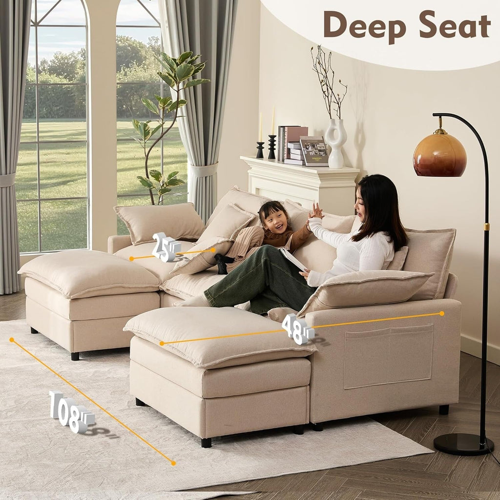 108 L-Shaped Modular Sectional Sofa - 3-Seater Cloud Couch with Movable Ottoman & Deep Seating, Beige Linen Fabric