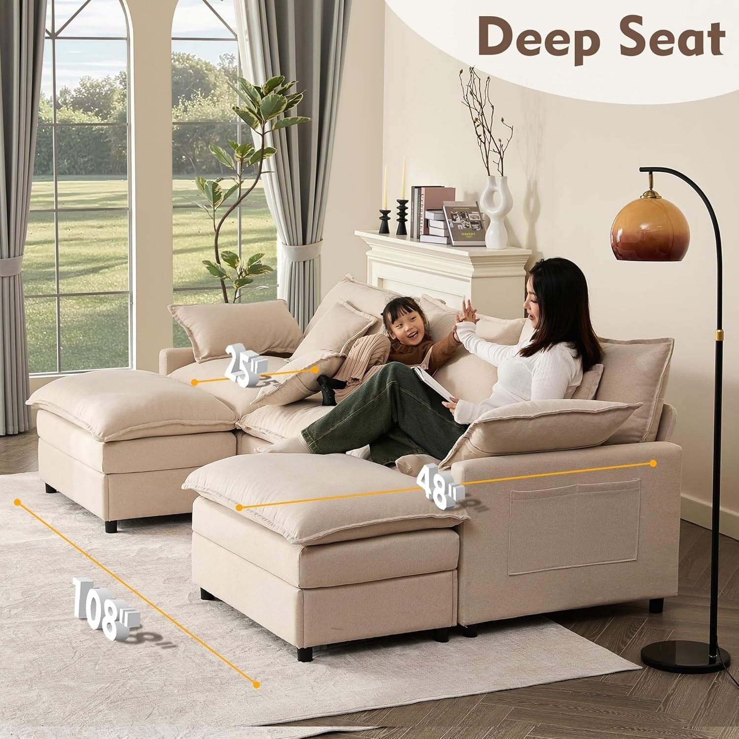 108 L-Shaped Modular Sectional Sofa - 3-Seater Cloud Couch with Movable Ottoman & Deep Seating, Beige Linen Fabric
