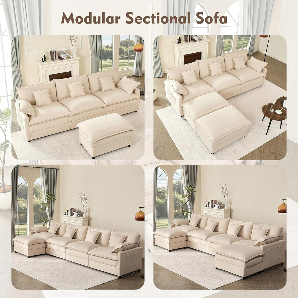 108 L-Shaped Modular Sectional Sofa - 3-Seater Cloud Couch with Movable Ottoman & Deep Seating, Beige Linen Fabric