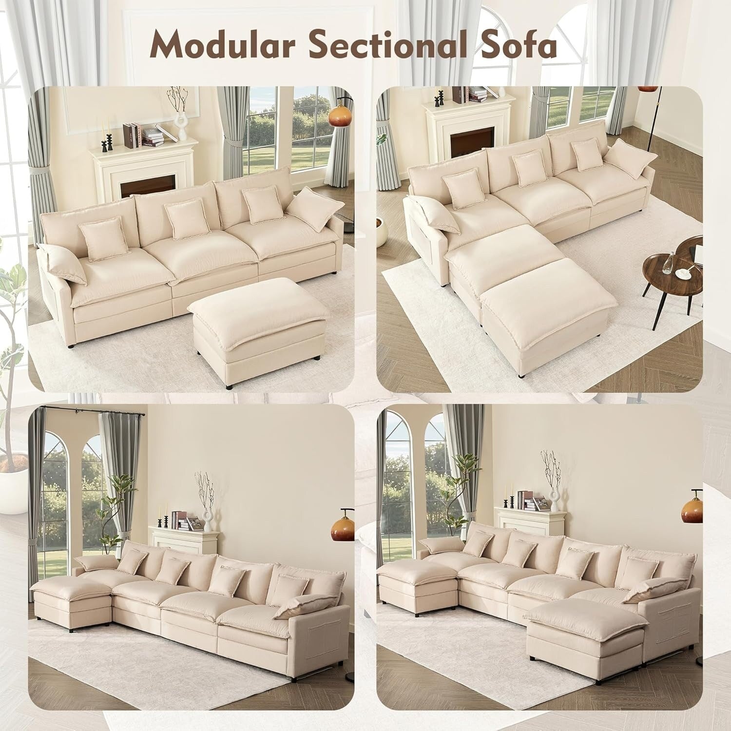 108 L-Shaped Modular Sectional Sofa - 3-Seater Cloud Couch with Movable Ottoman & Deep Seating, Beige Linen Fabric