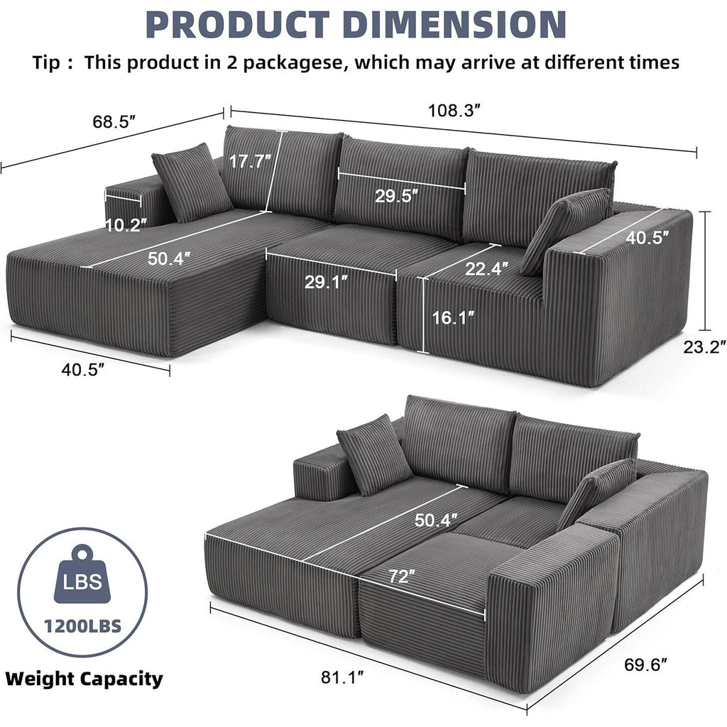 108 Modular Cloud Sectional Sofa - Deep Seat L-Shape Couch with Chaise, Upholstered Living Room & Bedroom Sofa